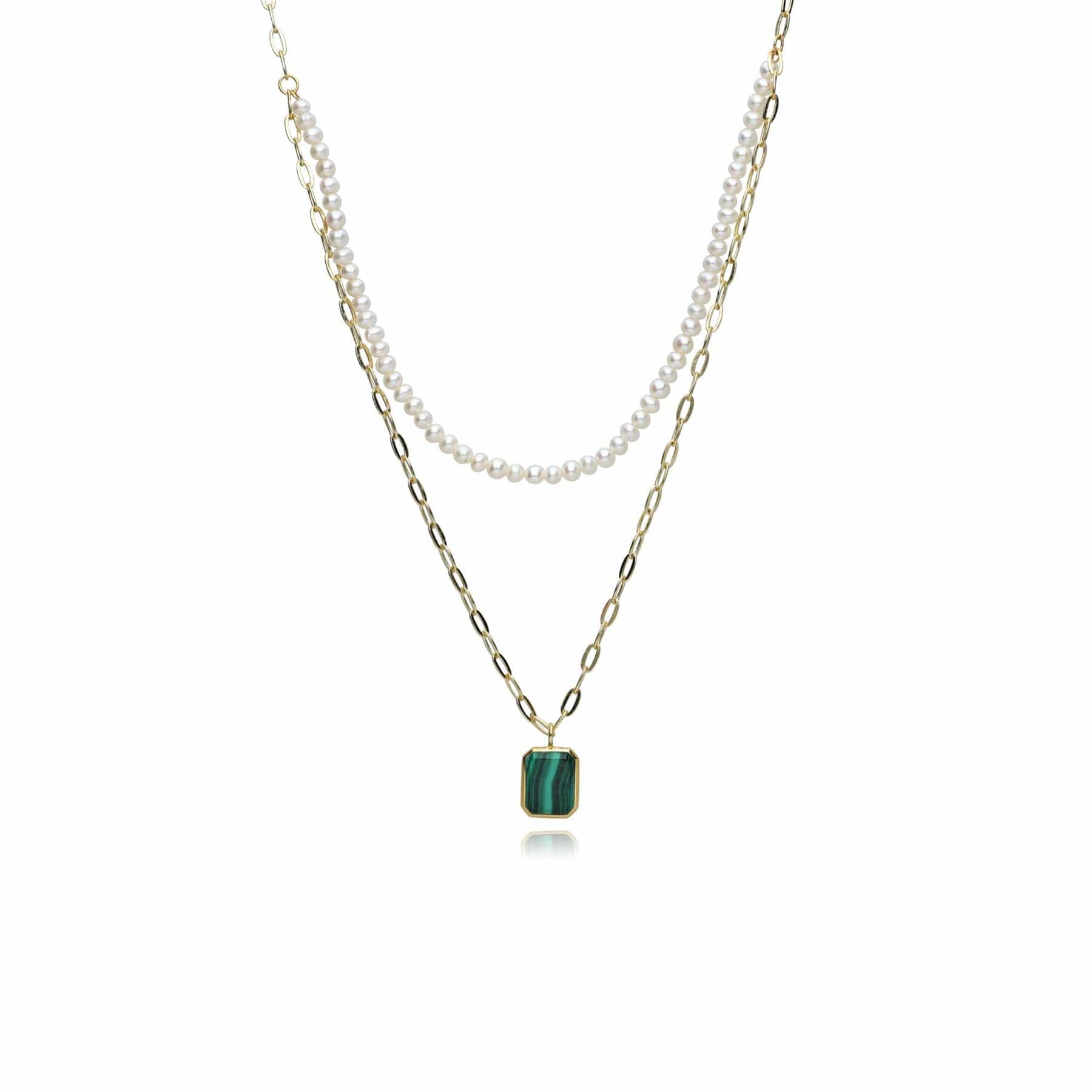 Product photograph of Ecfew Unifier Malachite Pearl Layered Necklace In Gold Plated Sterling Silver from Gemondo Jewellery