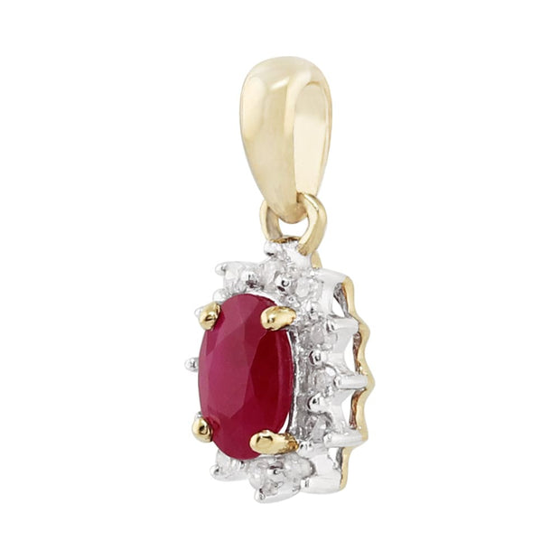 Classic Oval Ruby & Diamond Cluster Pendant in 9ct Yellow Gold