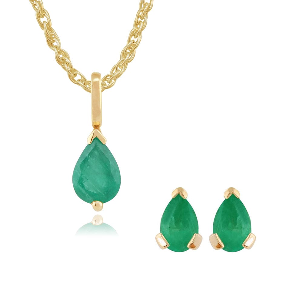 Product photograph of Classic Pear Emerald Single Stone Stud Earrings Pendant Set In 9ct Yellow Gold from Gemondo Jewellery