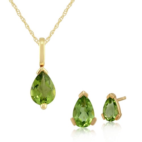 Product photograph of Classic Pear Peridot Single Stone Stud Earrings Pendant Set In 9ct Yellow Gold from Gemondo Jewellery