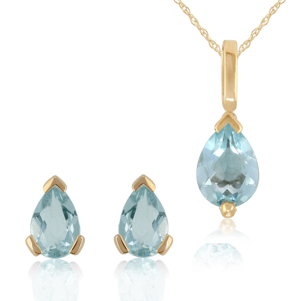 Product photograph of Classic Pear Aquamarine Single Stone Stud Earrings Pendant Set In 9ct Gold from Gemondo Jewellery