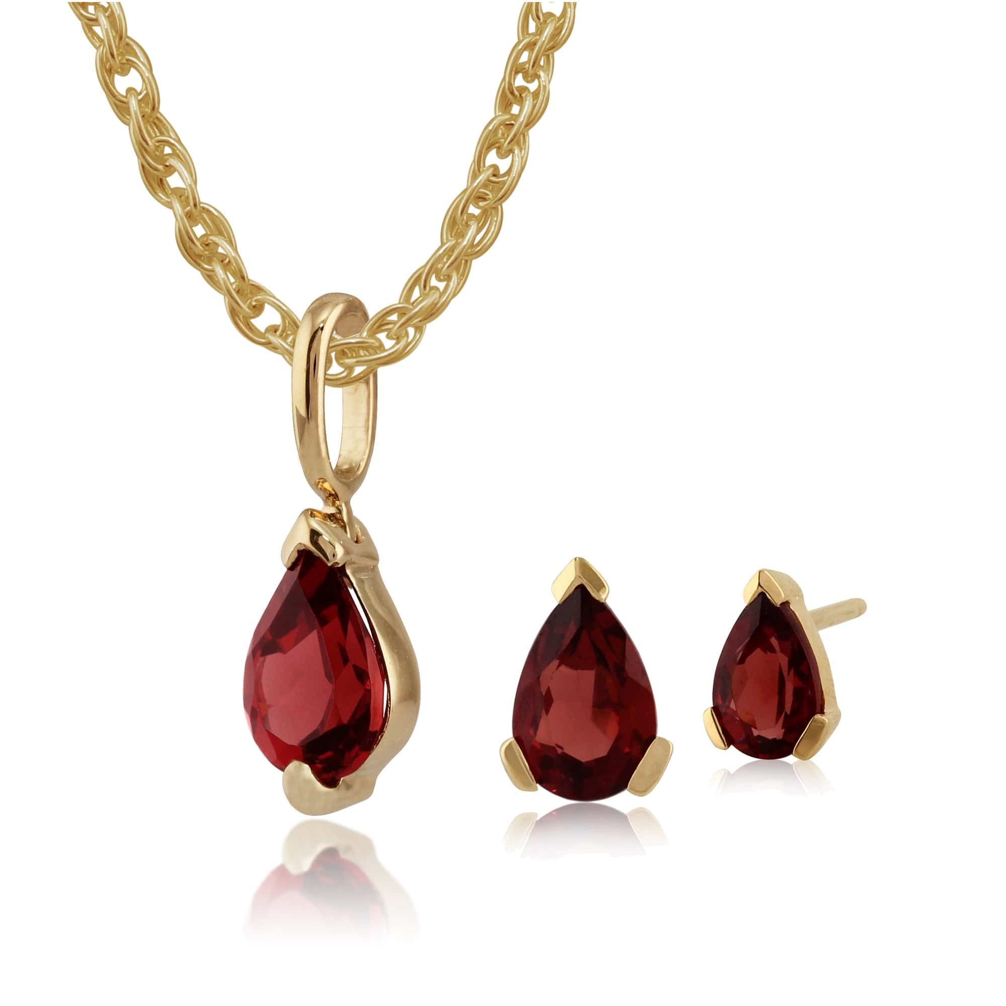 Product photograph of Classic Pear Garnet Single Stone Stud Earrings Pendant Set In 9ct Yellow Gold from Gemondo Jewellery