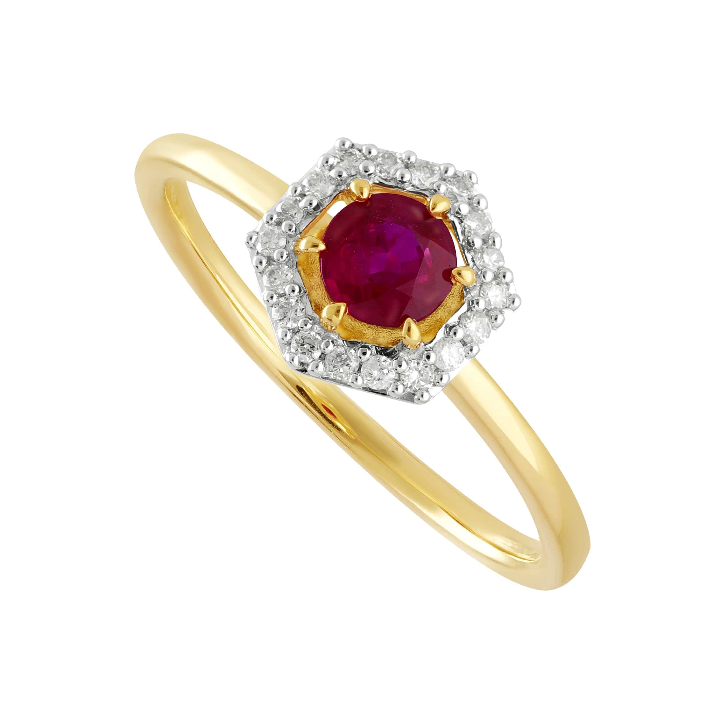 Product photograph of 9ct Yellow Gold 0 48ct Ruby Diamond Halo Engagement Ring from Gemondo Jewellery