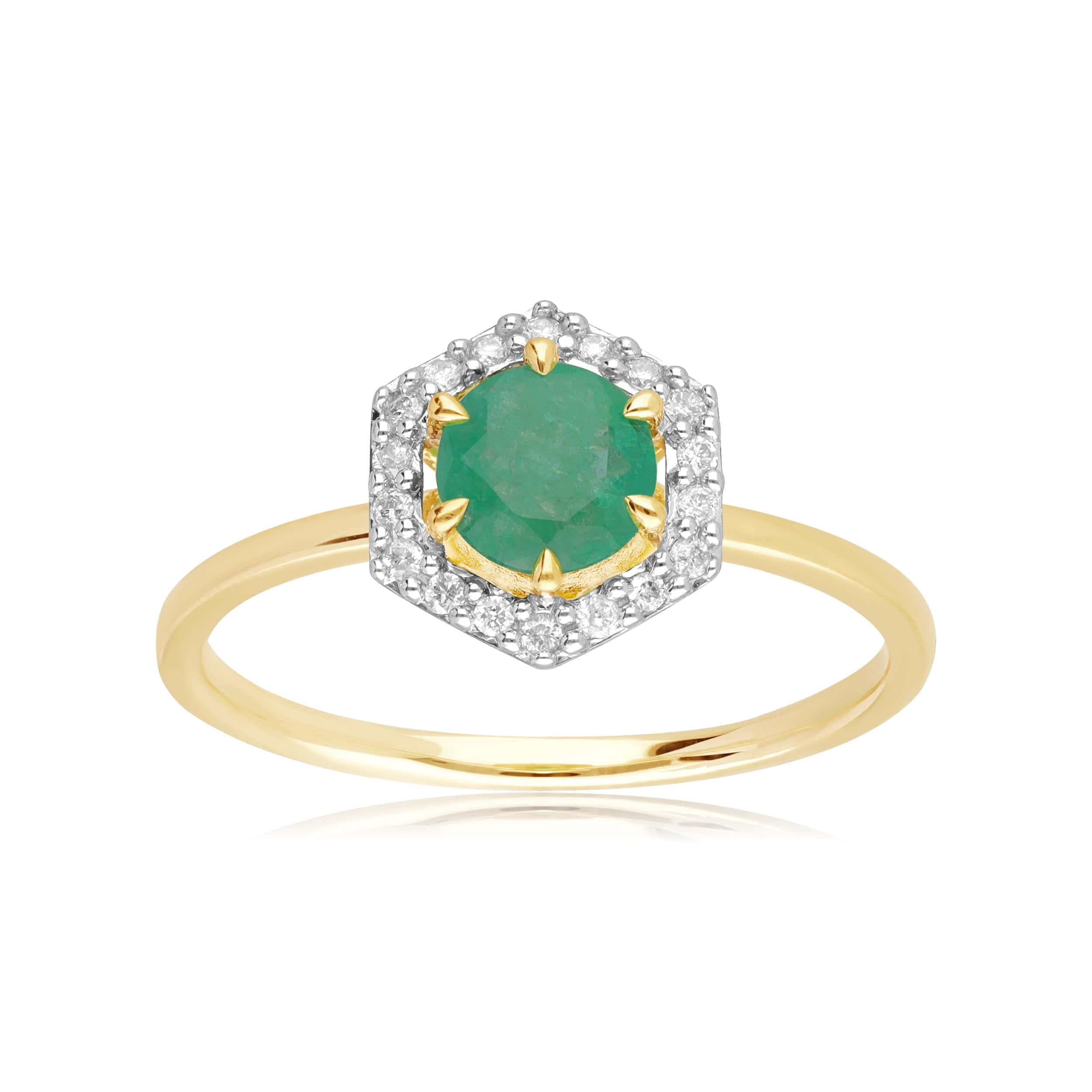 Product photograph of 9ct Yellow Gold 0 38ct Emerald Diamond Halo Engagement Ring from Gemondo Jewellery