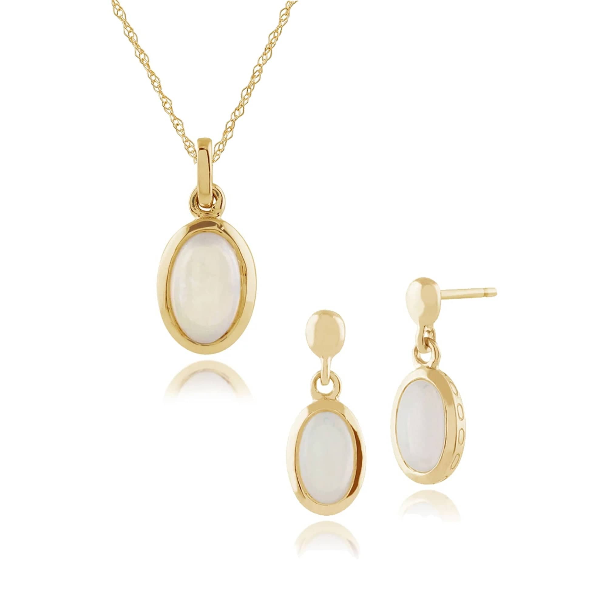 Product photograph of Classic Oval Opal Single Stone Bezel Drop Earrings Pendant Set In 9ct Yellow Gold from Gemondo Jewellery