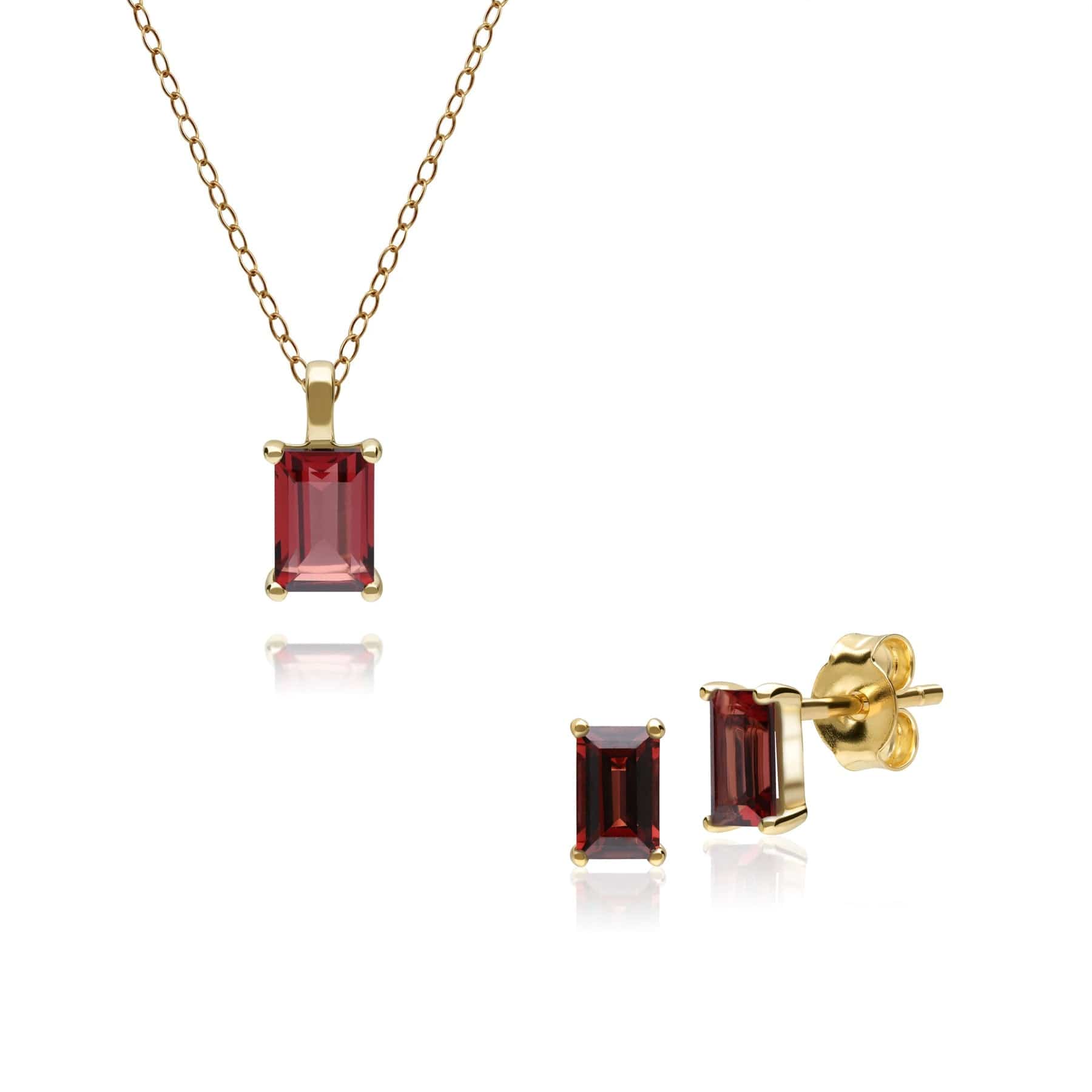 Product photograph of Classic Garnet Baguette Stud Earrings Necklace Set In 9ct Yellow Gold from Gemondo Jewellery