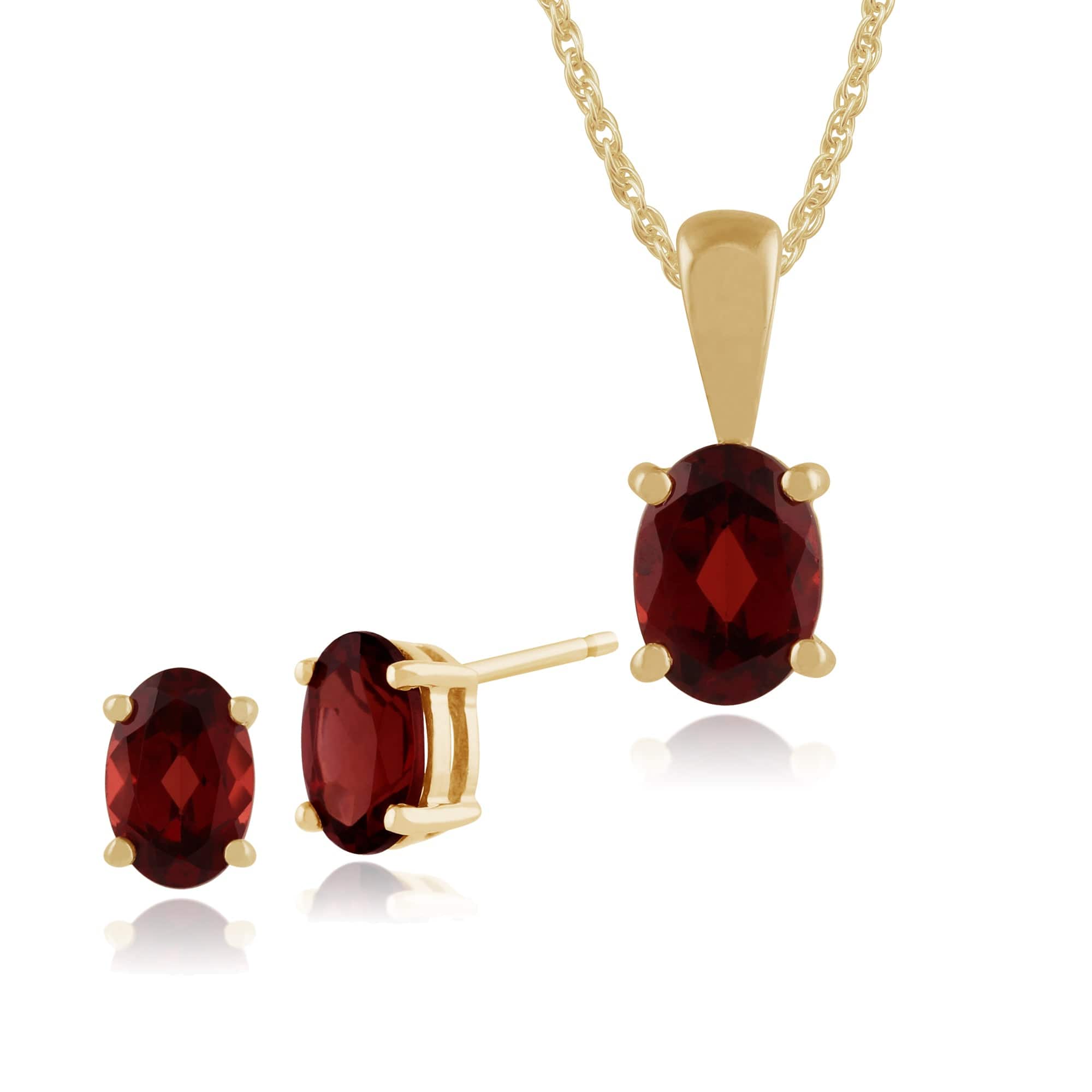 Product photograph of Classic Oval Garnet Single Stone Stud Earrings Pendant Set In 9ct Yellow Gold from Gemondo Jewellery