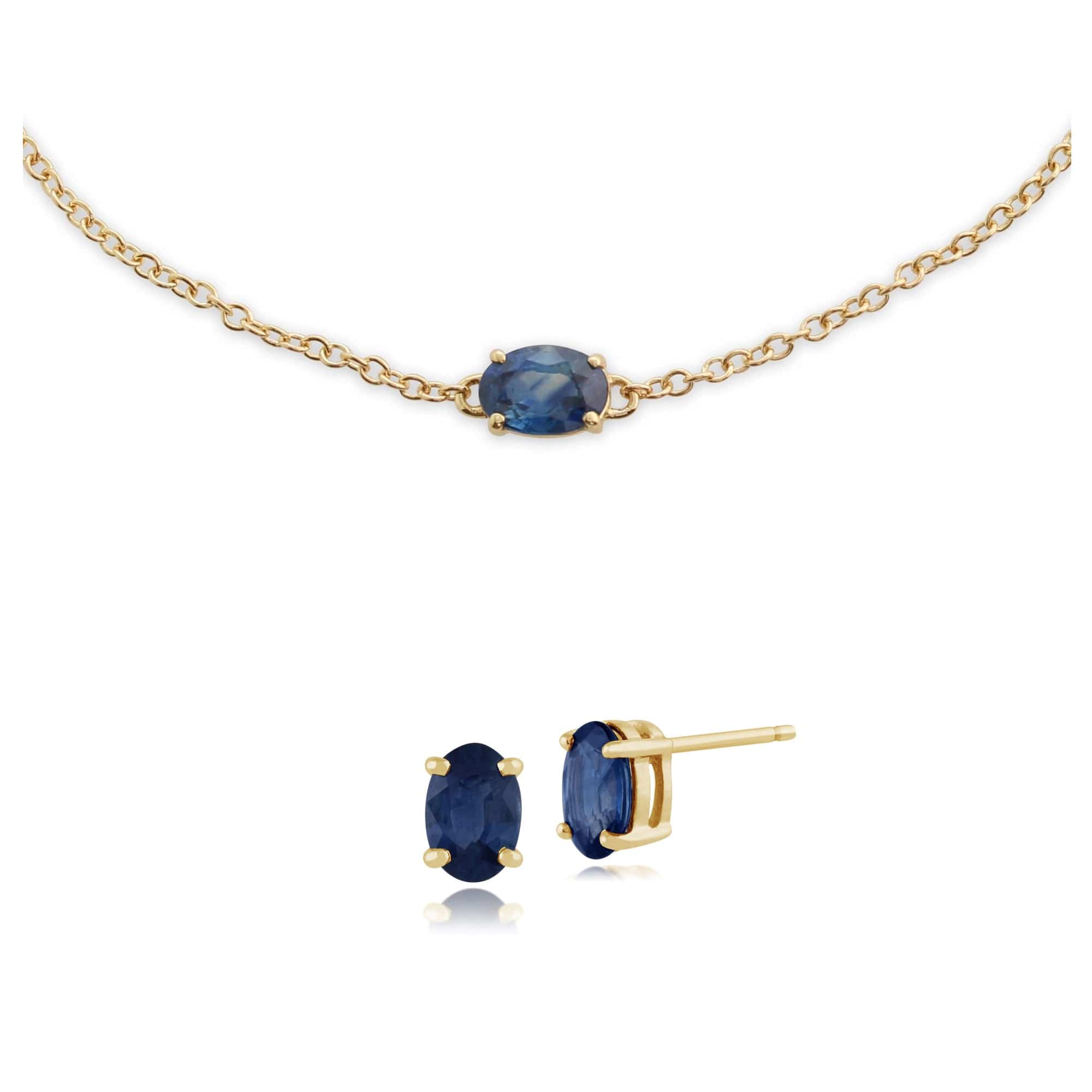 Product photograph of Classic Oval Light Blue Sapphire Single Stone Stud Earrings Bracelet Set In 9ct Yellow Gold from Gemondo Jewellery