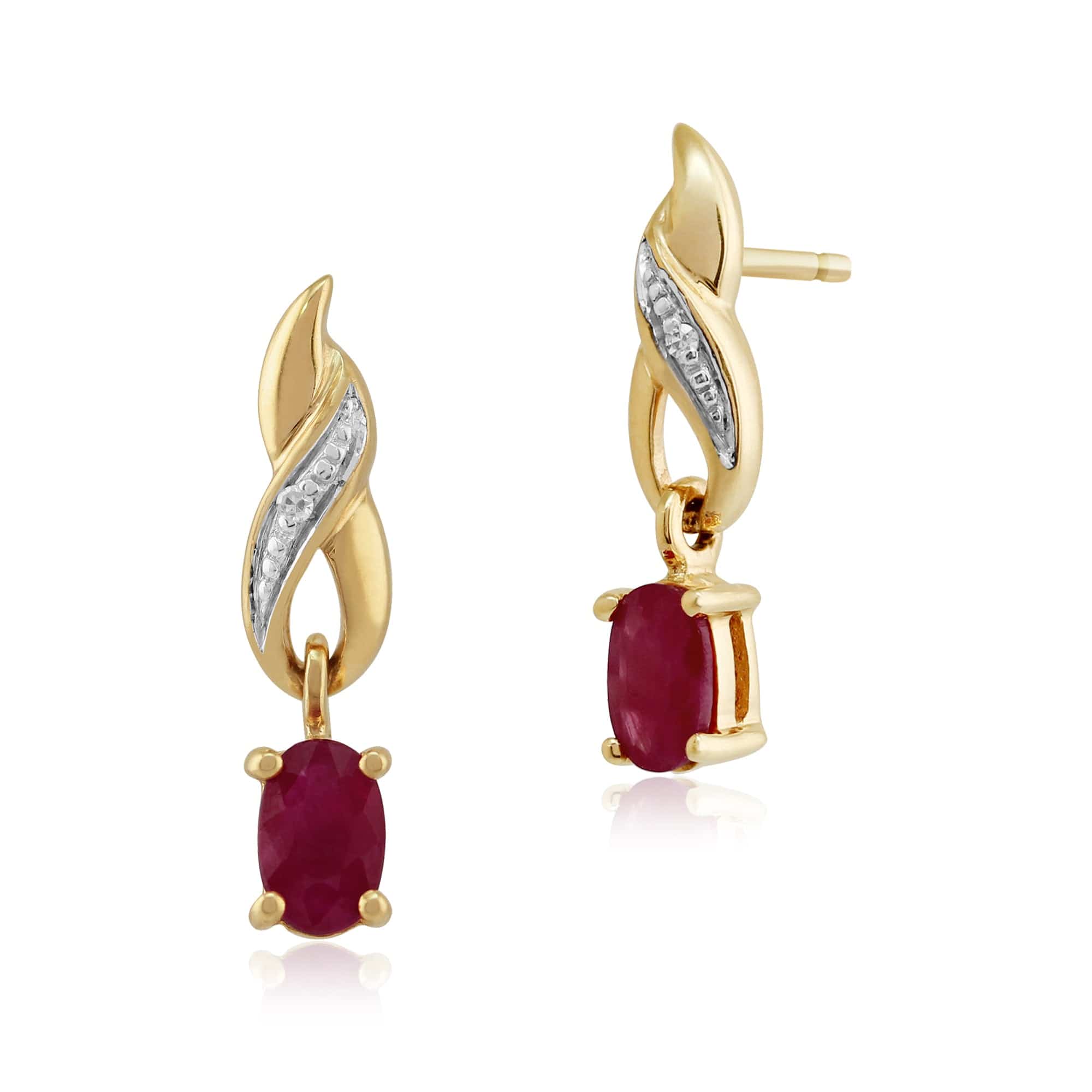 Product photograph of Art Nouveau Oval Ruby Diamond Drop Earrings In 9ct Yellow Gold from Gemondo Jewellery