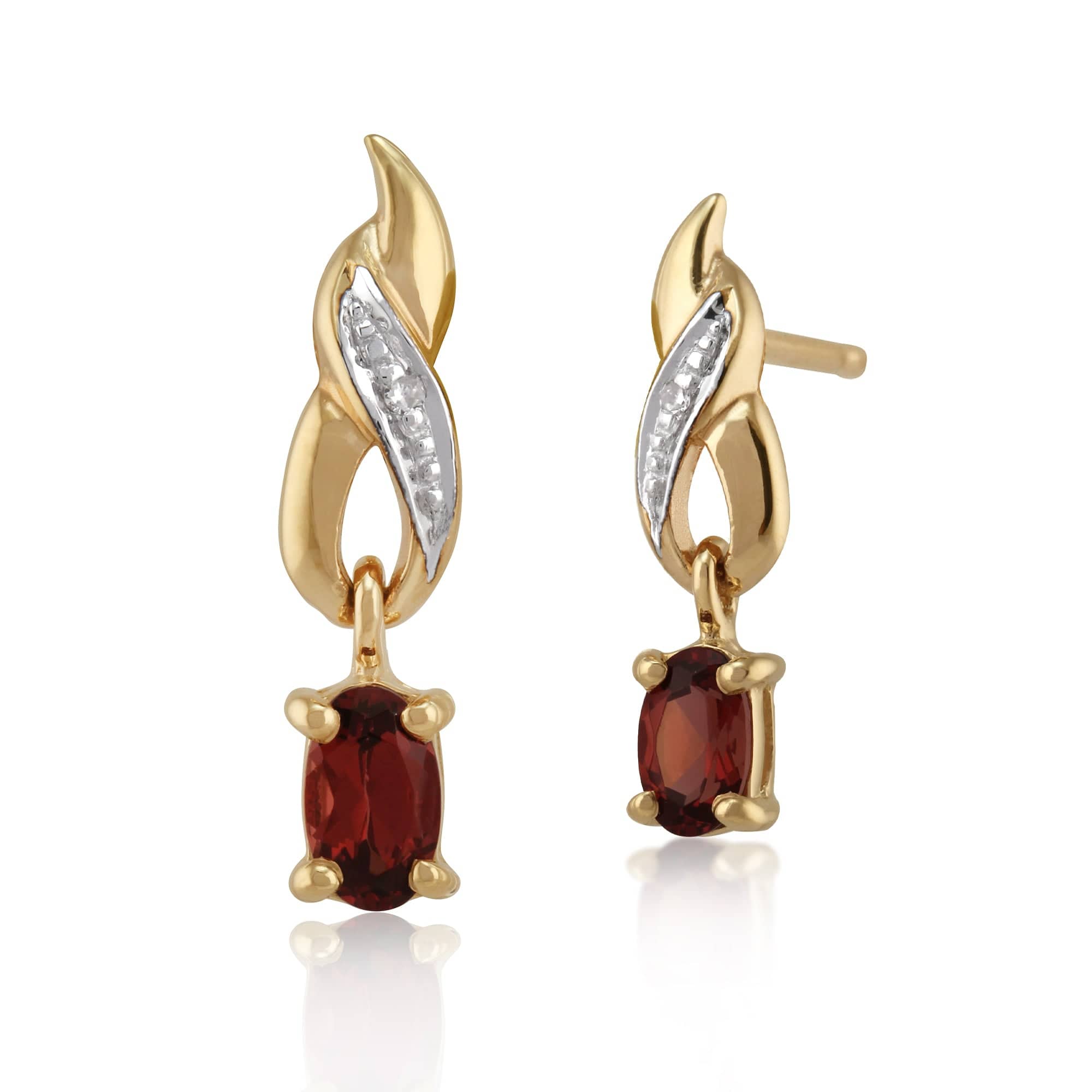 Product photograph of Classic Oval Garnet Diamond Drop Earrings In 9ct Yellow Gold from Gemondo Jewellery
