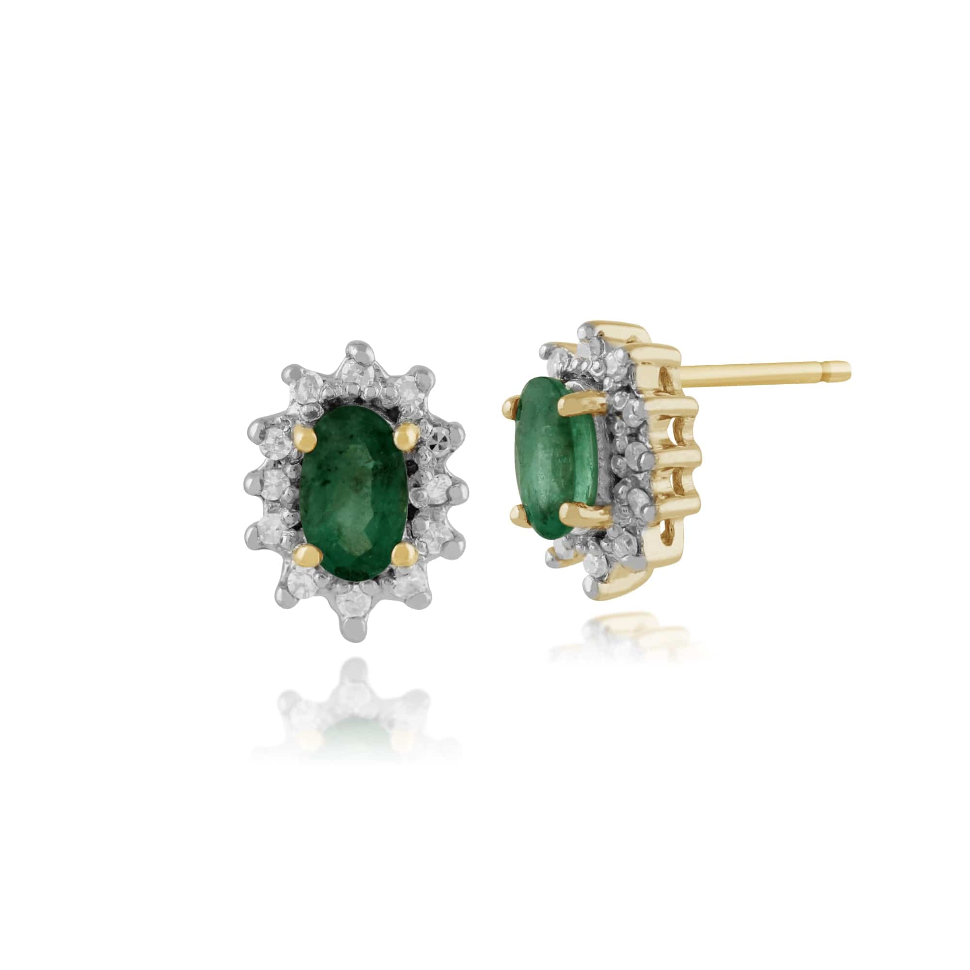 Product photograph of Classic Oval Emerald Diamond Cluster Stud Earrings In 9ct Yellow Gold from Gemondo Jewellery