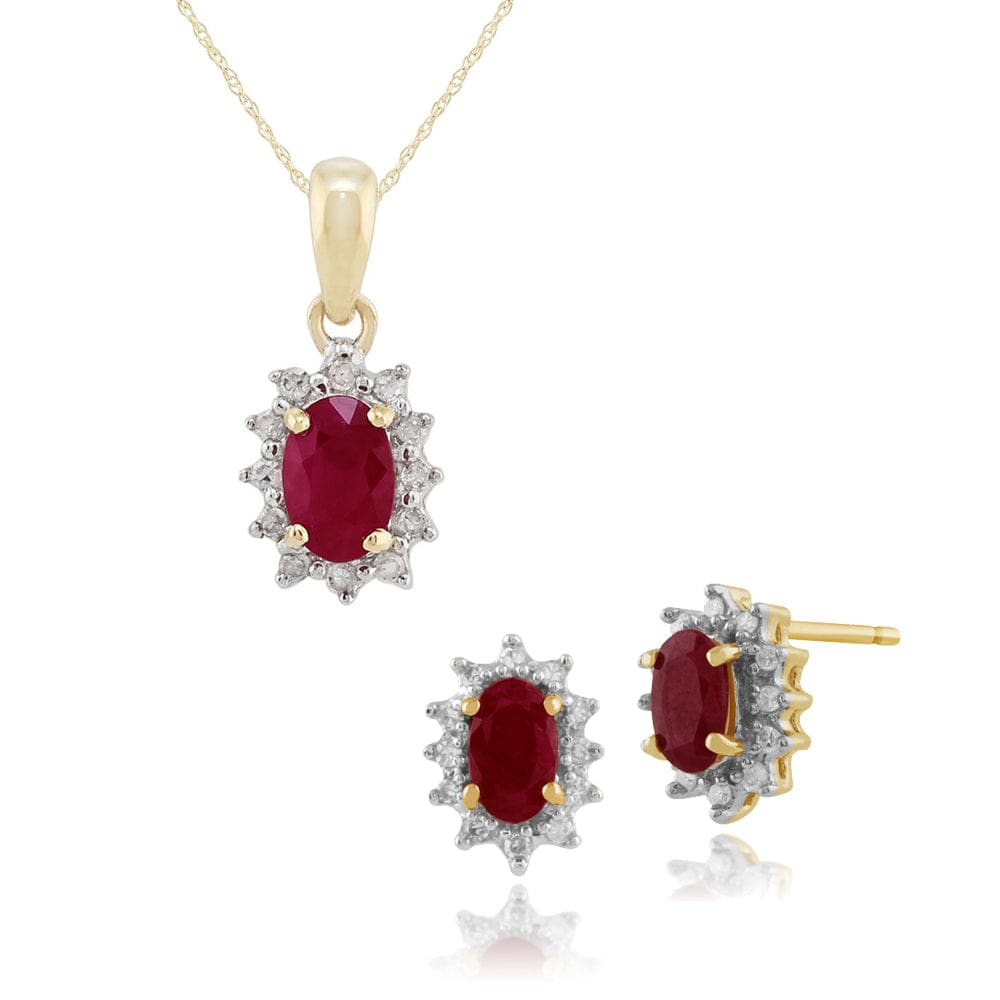 Product photograph of Classic Oval Ruby Diamond Halo Stud Earrings Pendant Set In 9ct Gold from Gemondo Jewellery