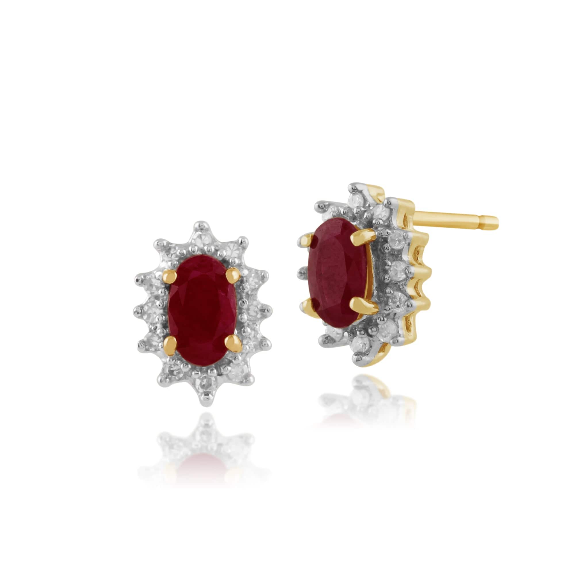 Product photograph of Classic Oval Ruby Diamond Cluster Stud Earrings In 9ct Yellow Gold from Gemondo Jewellery