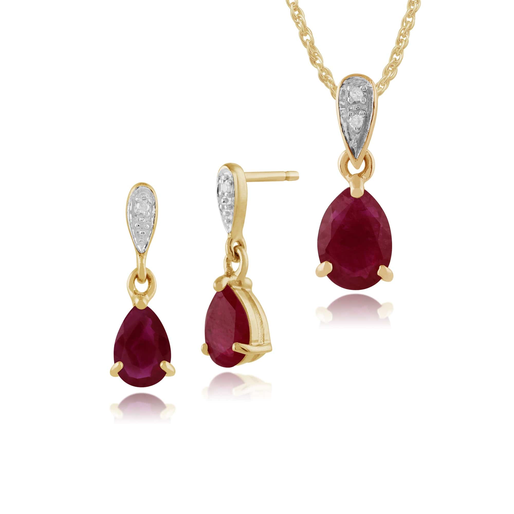 Product photograph of Classic Pear Ruby Diamond Drop Earrings Pendant Set In 9ct Yellow Gold from Gemondo Jewellery