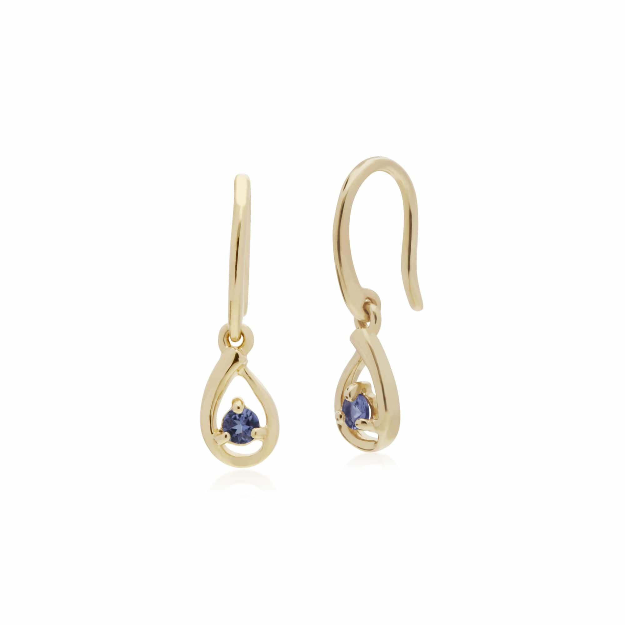 Product photograph of Classic Single Stone Round Tanzanite Tear Drop Earrings In 9ct Yellow Gold from Gemondo Jewellery