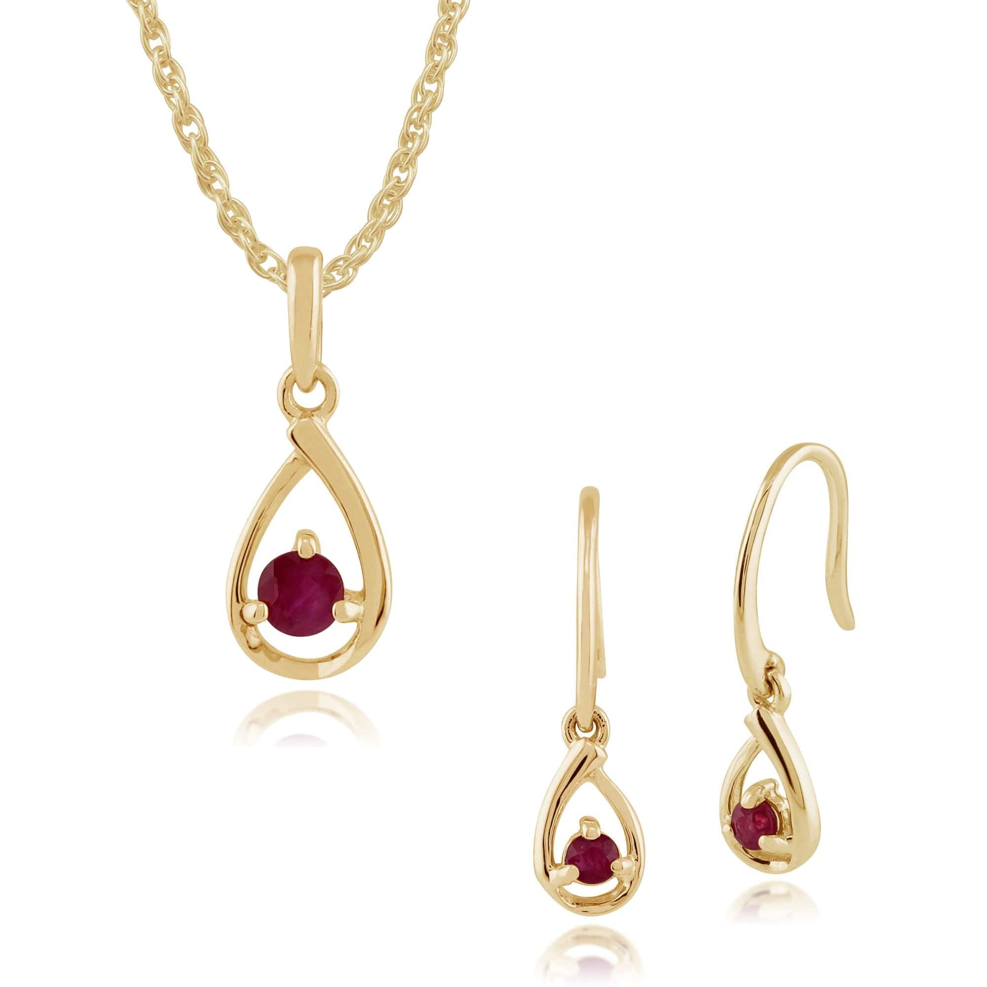 Product photograph of Classic Round Ruby 9ct Yellow Gold Drop Earrings Pendant Set from Gemondo Jewellery