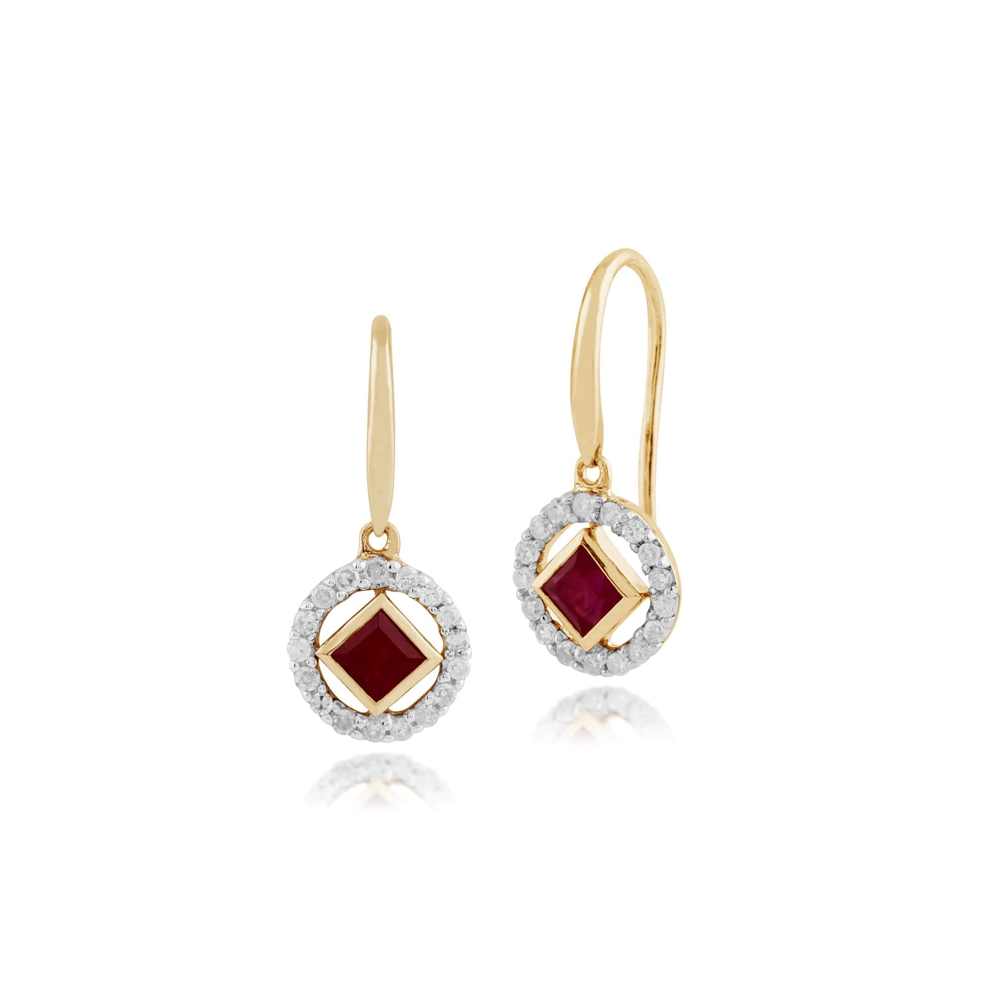 Product photograph of Classic Square Ruby Diamond Halo Drop Earrings In 9ct Yellow Gold from Gemondo Jewellery