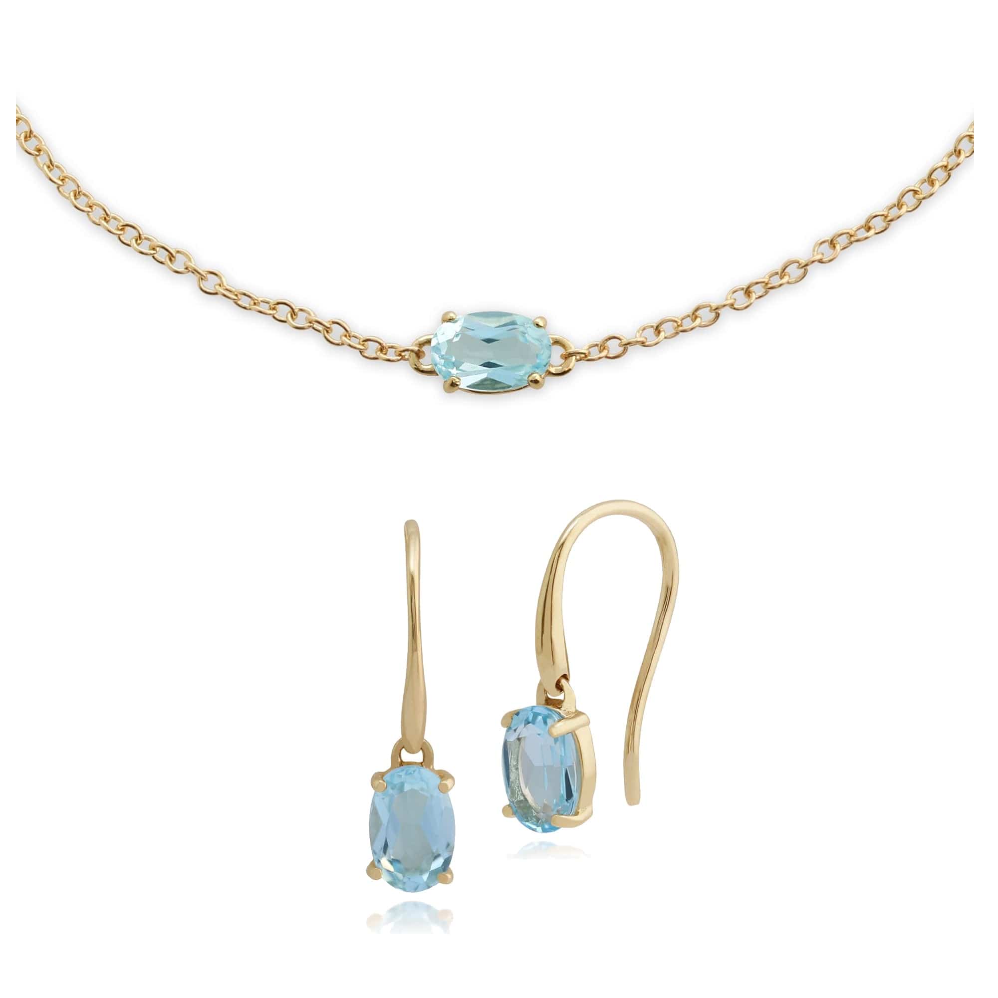 Product photograph of Classic Oval Blue Topaz Single Stone Drop Earrings Bracelet Set In 9ct Yellow Gold from Gemondo Jewellery