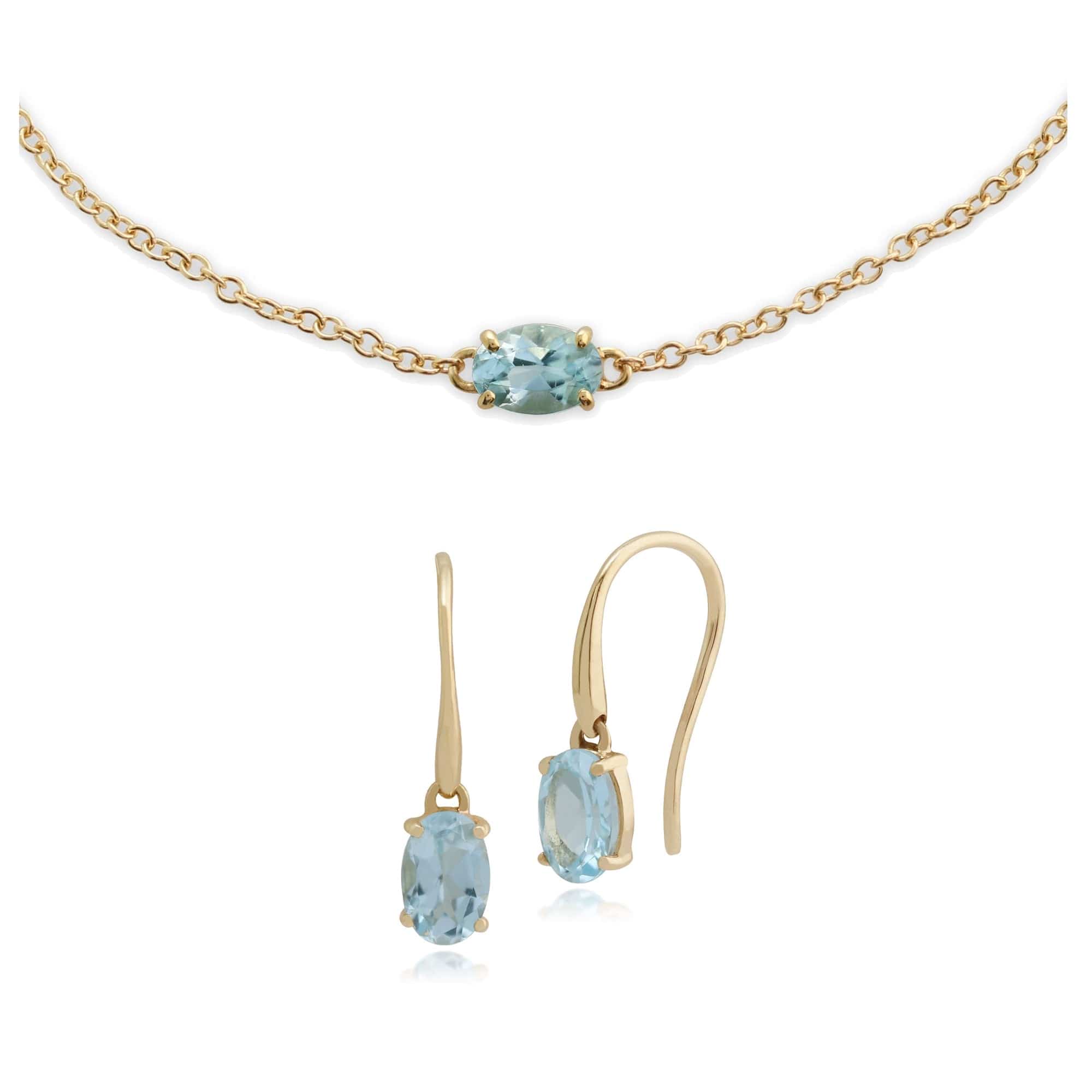 Product photograph of Classic Oval Aquamarine Single Stone Drop Earrings Bracelet Set In 9ct Yellow Gold from Gemondo Jewellery