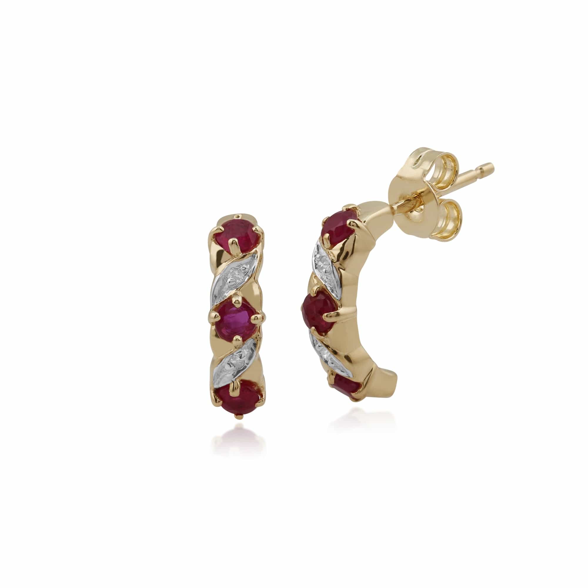 Product photograph of Art Nouveau Style Ruby Diamond Half Hoop Earrings In 9ct Gold from Gemondo Jewellery