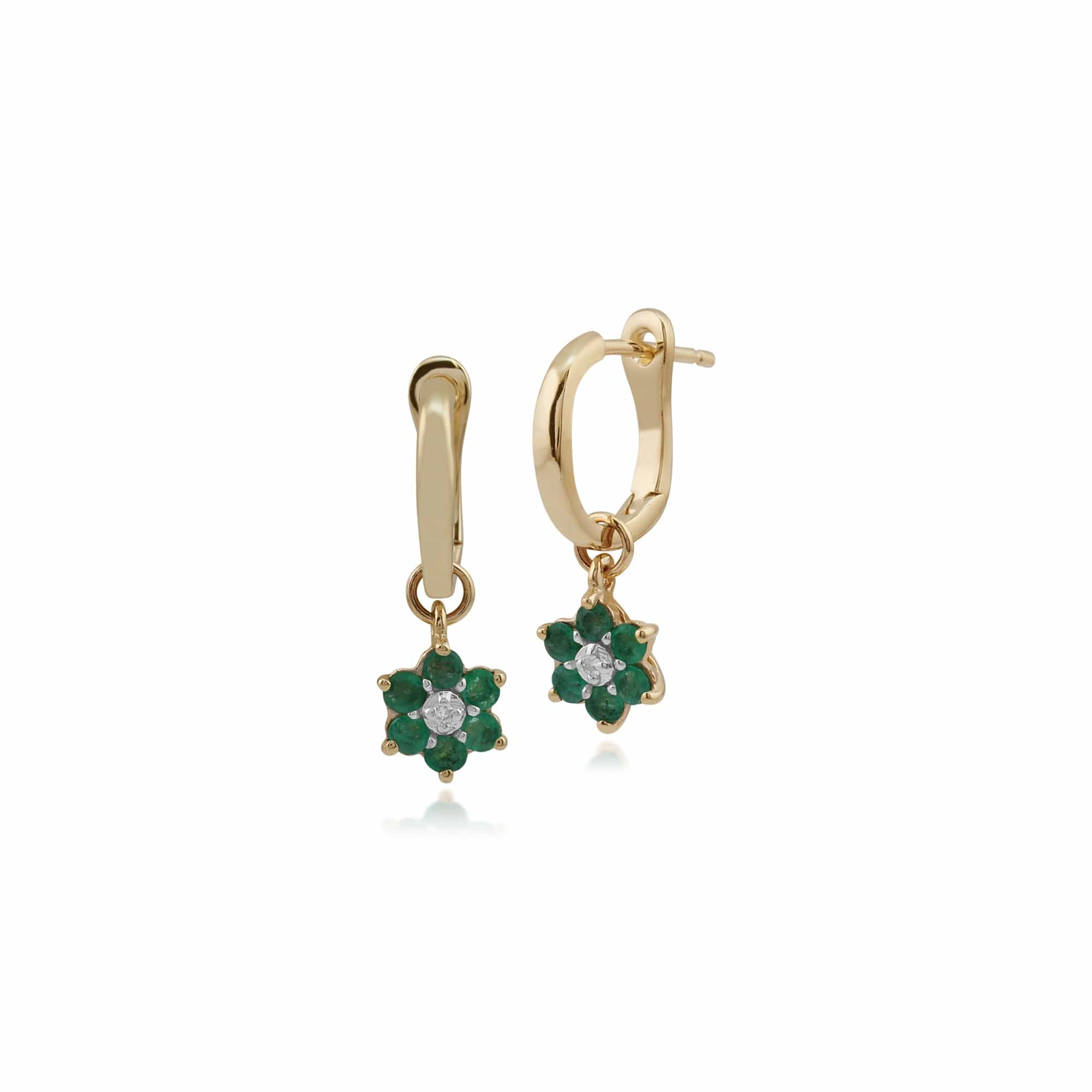 Product photograph of Floral Round Emerald Diamond Omega Clip Hoop Earrings In 9ct Yellow Gold from Gemondo Jewellery