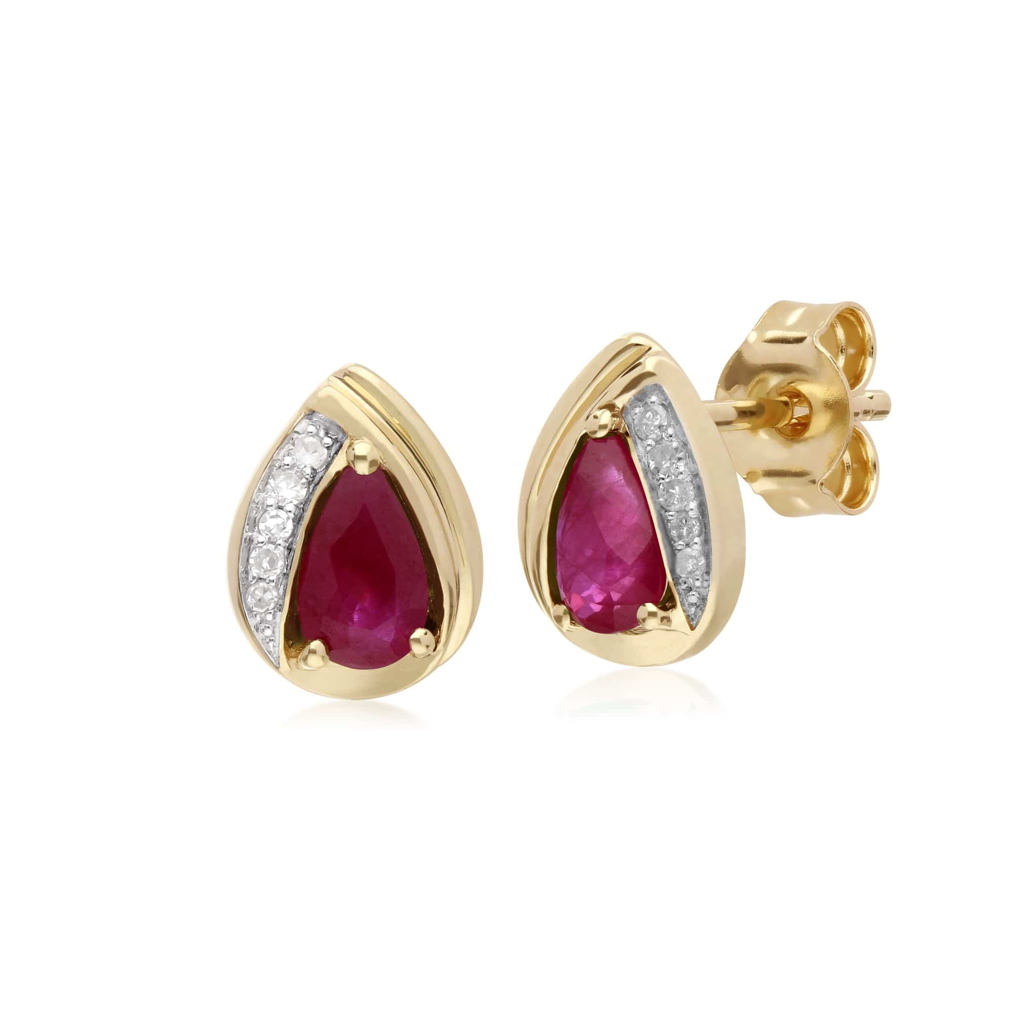 Product photograph of Classic Pear Ruby Diamond Tear Drop Stud Earrings In 9ct Yellow Gold from Gemondo Jewellery