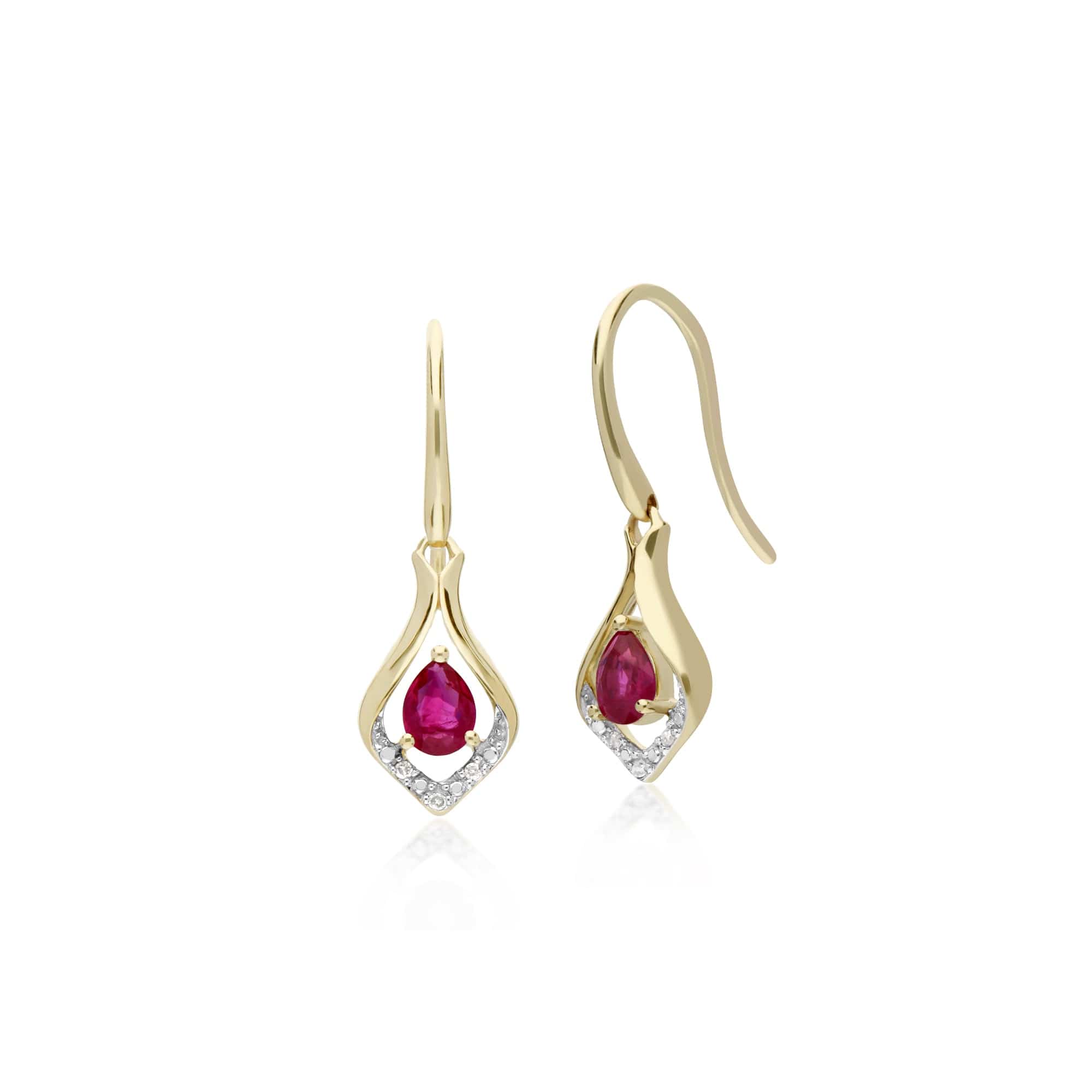 Product photograph of Classic Pear Ruby Diamond Leaf Halo Drop Earrings In 9ct Yellow Gold from Gemondo Jewellery