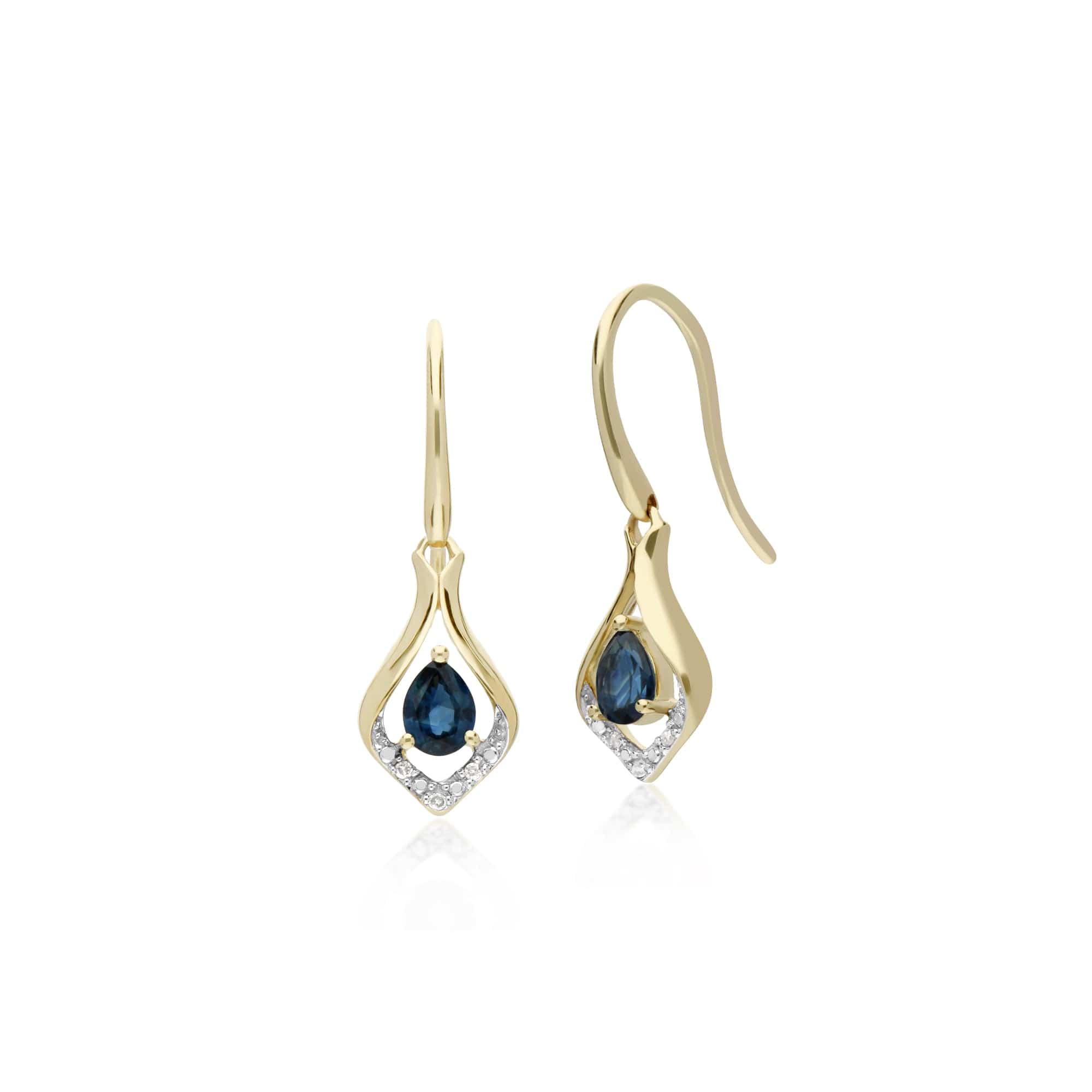 Product photograph of Classic Pear Sapphire Diamond Leaf Halo Drop Earrings In 9ct Yellow Gold from Gemondo Jewellery