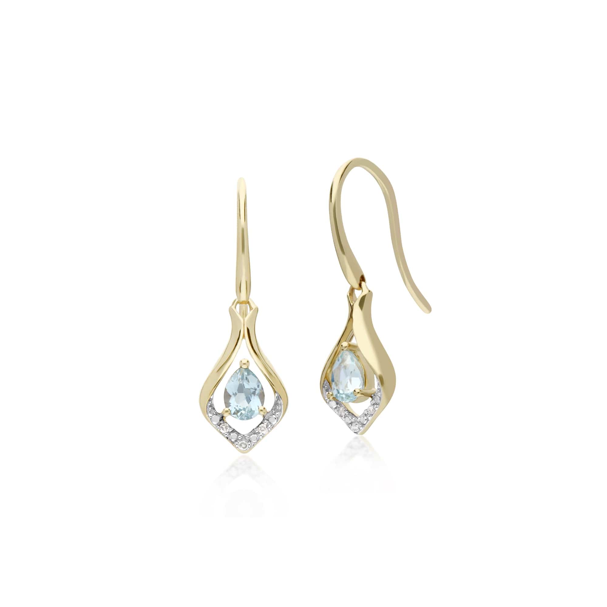 Product photograph of Classic Pear Aquamarine Diamond Leaf Halo Drop Earrings In 9ct Gold from Gemondo Jewellery