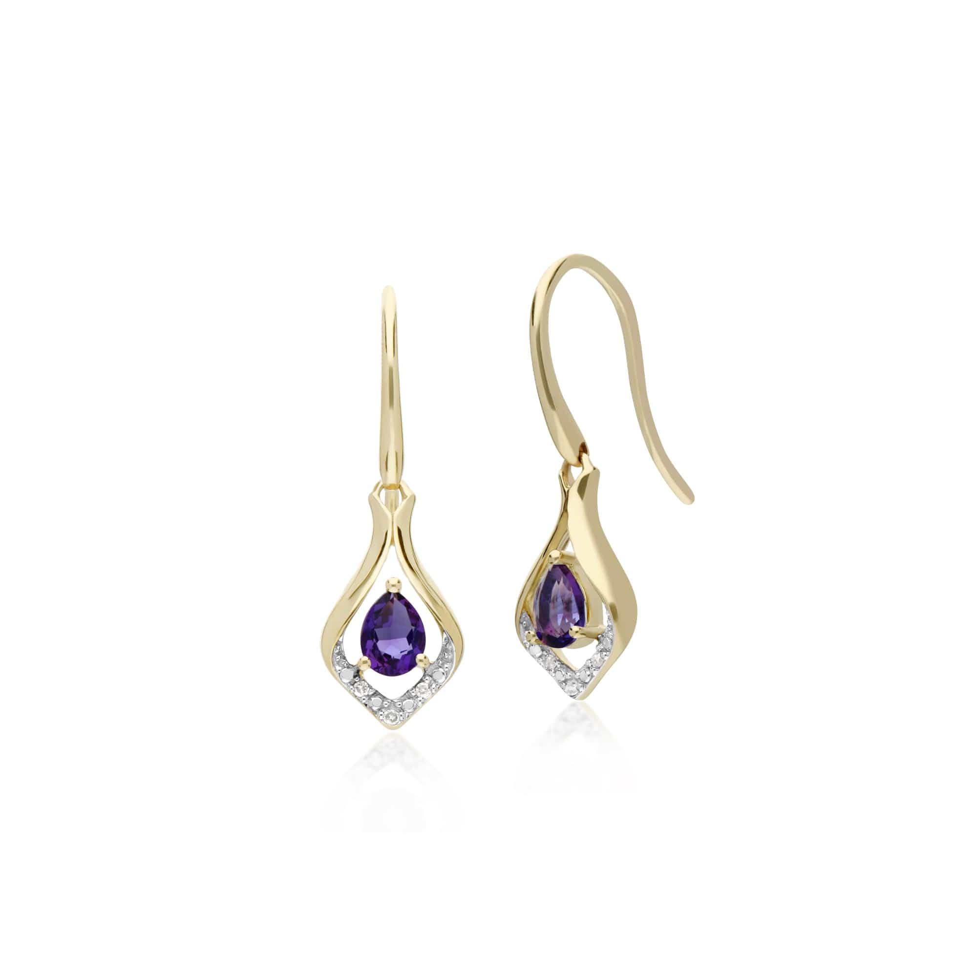 Product photograph of Classic Pear Amethyst Diamond Leaf Halo Drop Earrings In 9ct Yellow Gold from Gemondo Jewellery