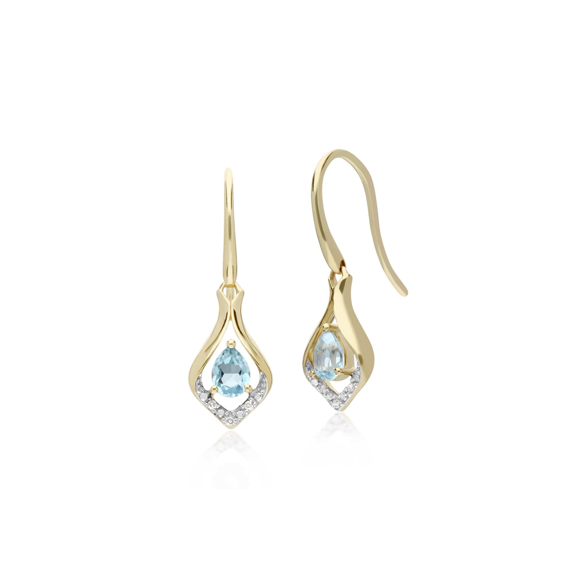 Product photograph of Classic Pear Blue Topaz Diamond Leaf Halo Drop Earrings In 9ct Yellow Gold from Gemondo Jewellery