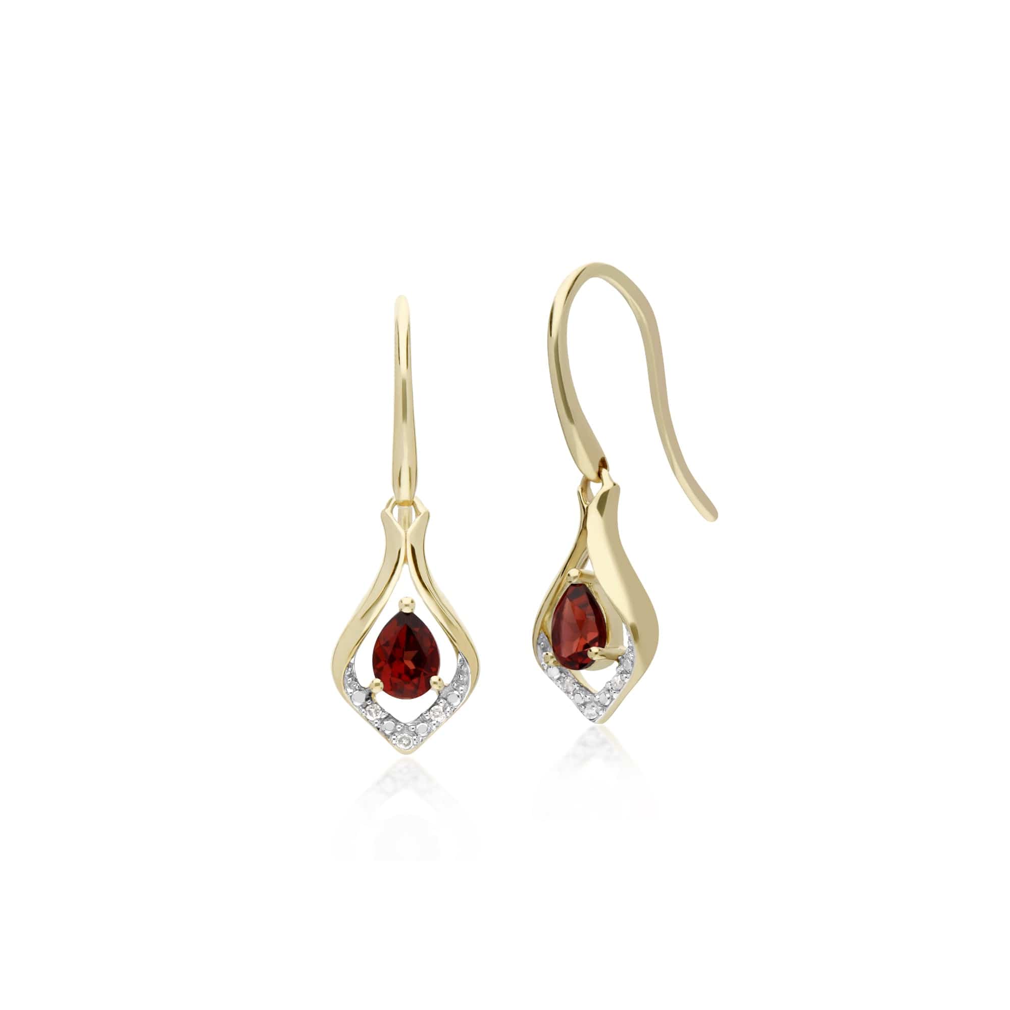 Product photograph of Classic Pear Garnet Diamond Leaf Halo Drop Earrings In 9ct Yellow Gold from Gemondo Jewellery