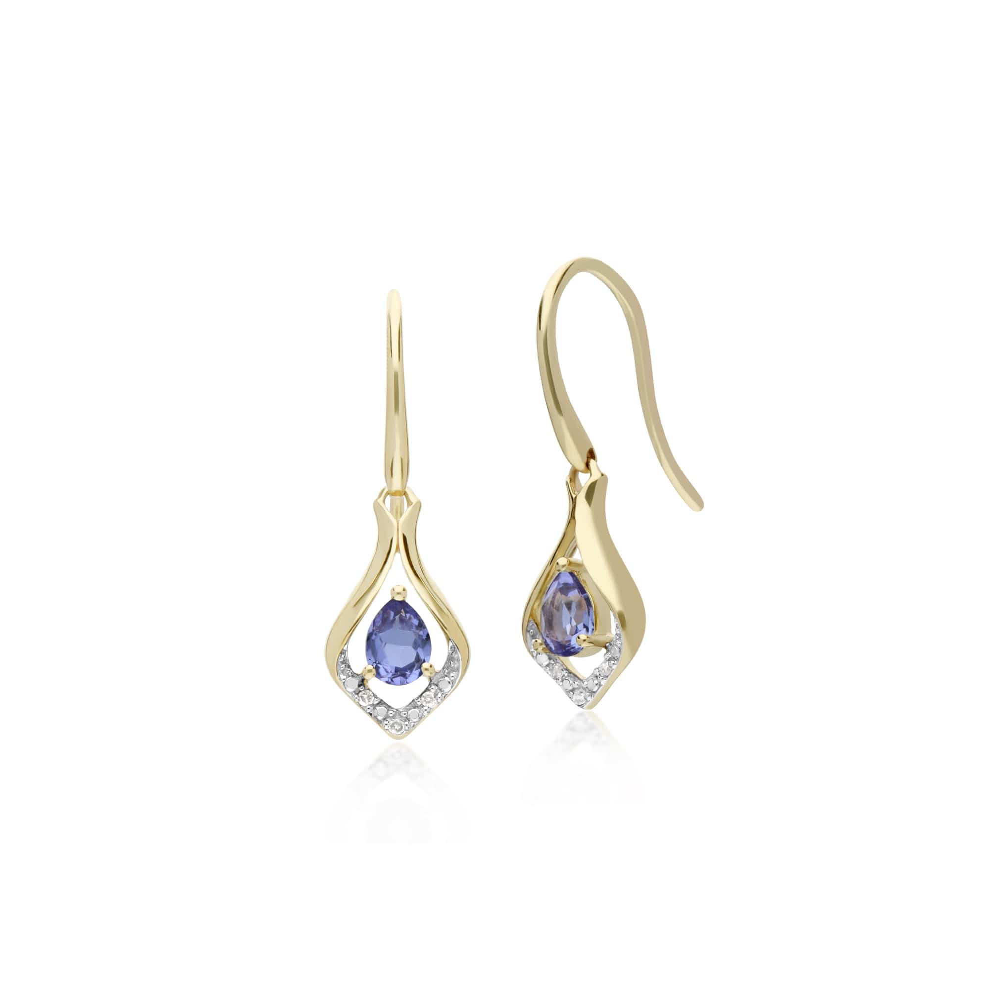 Product photograph of Classic Pear Tanzanite Diamond Leaf Halo Drop Earrings In 9ct Yellow Gold from Gemondo Jewellery