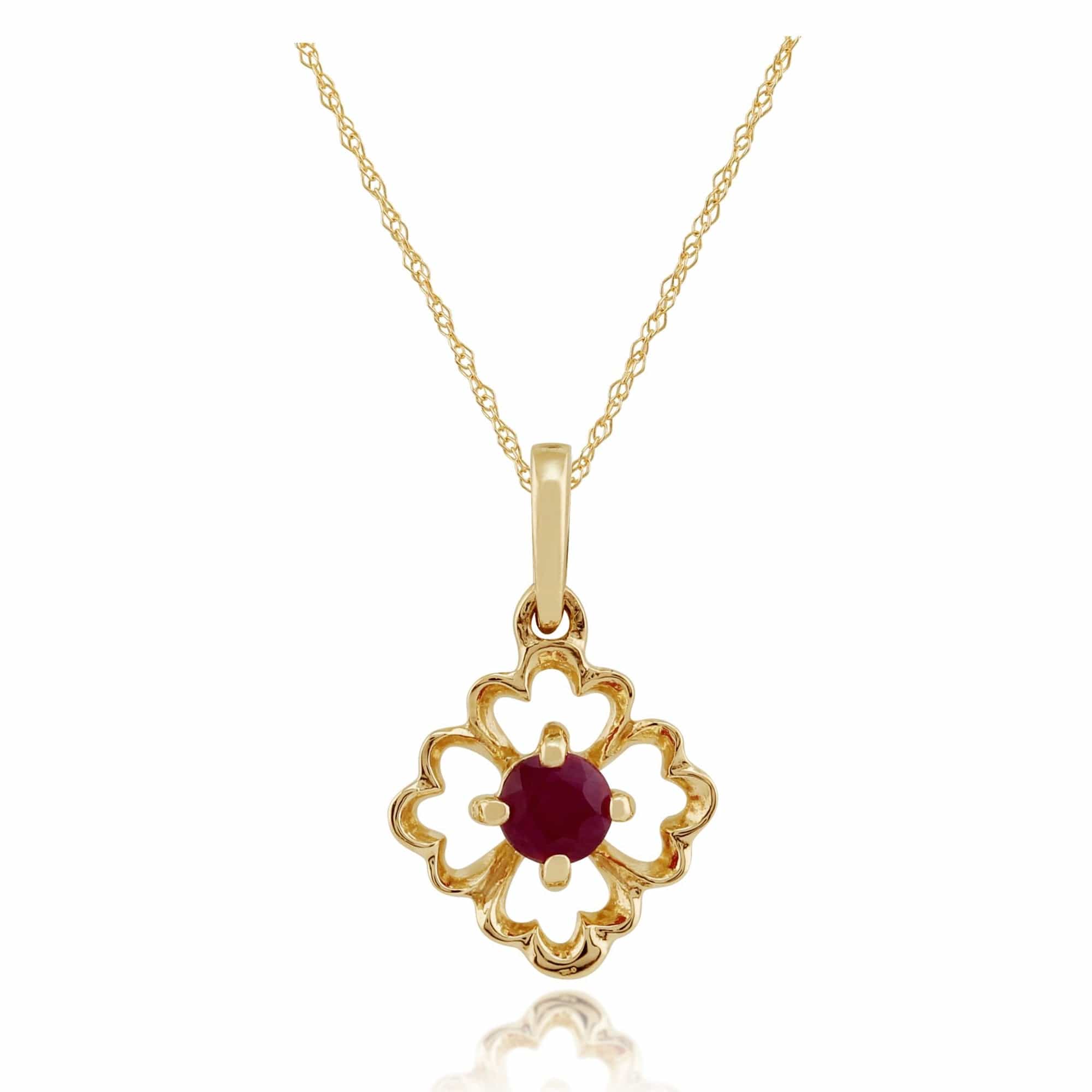 Product photograph of Floral Central Round Ruby Pendant In 9ct Yellow Gold from Gemondo Jewellery