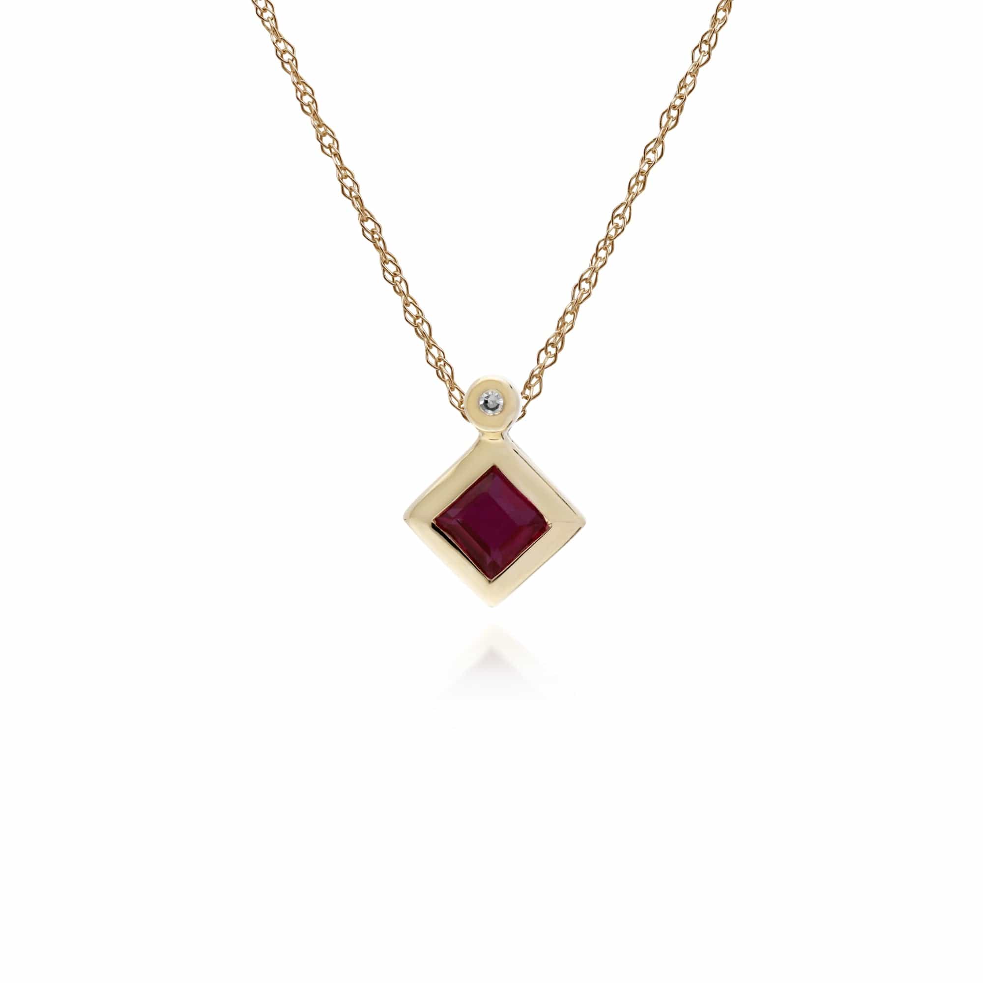 Product photograph of Geometric Square Ruby Diamond Pendant In 9ct Yellow Gold from Gemondo Jewellery