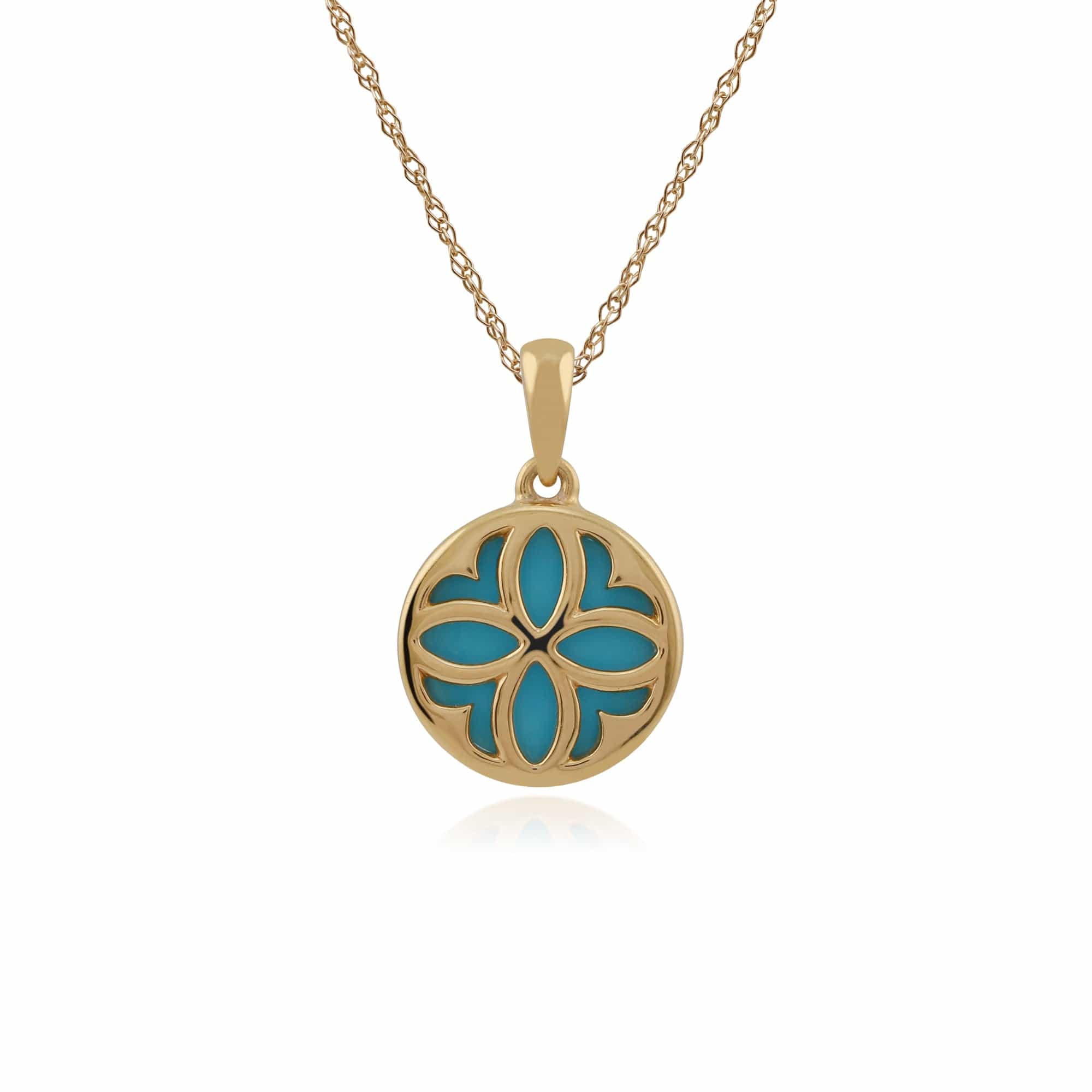 Image of Art Nouveau Style Round Turquoise Floral Pattern Overlay Pendant in 9ct Yellow Gold