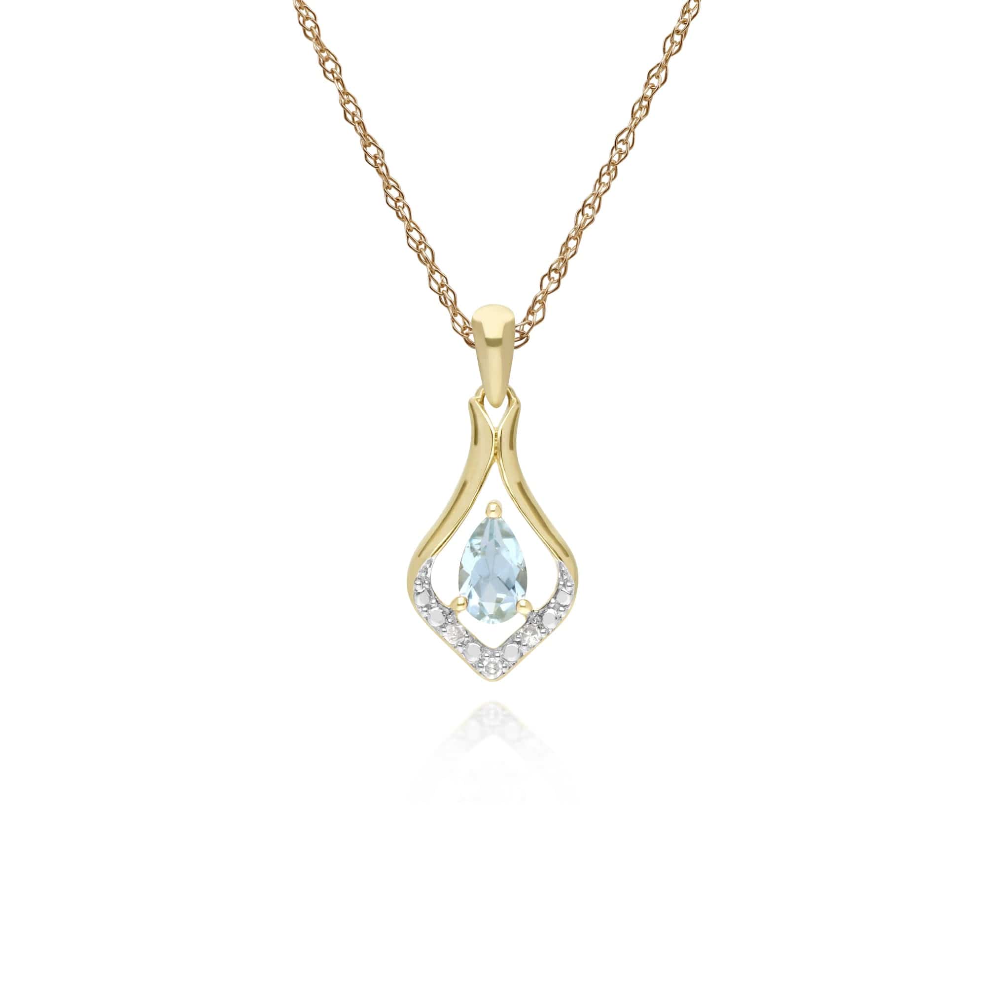 Product photograph of Classic Pear Aquamarine Three Diamond Leaf Halo Pendant In 9ct Yellow Gold from Gemondo Jewellery