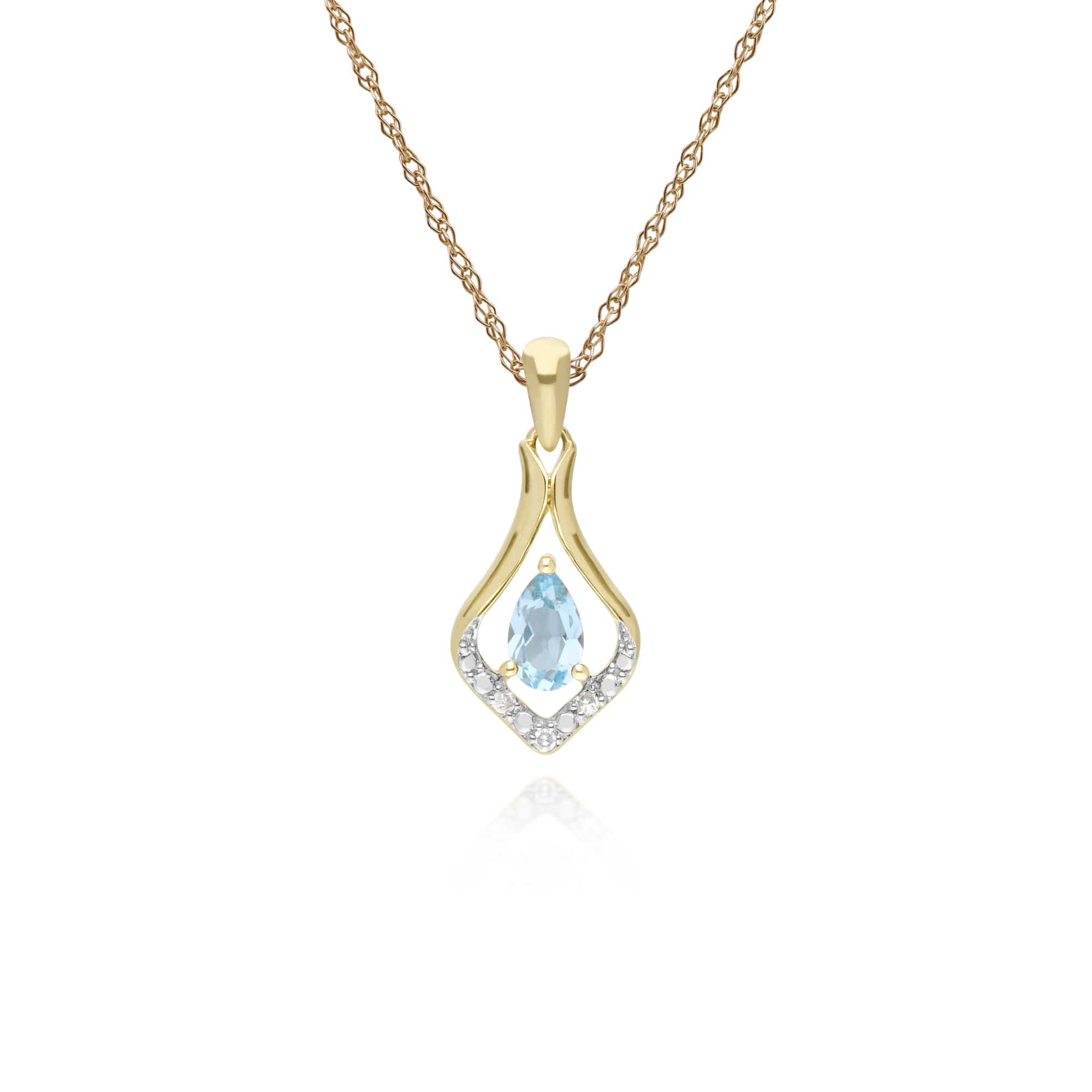 Product photograph of Classic Pear Blue Topaz Three Diamond Leaf Halo Pendant In 9ct Yellow Gold from Gemondo Jewellery
