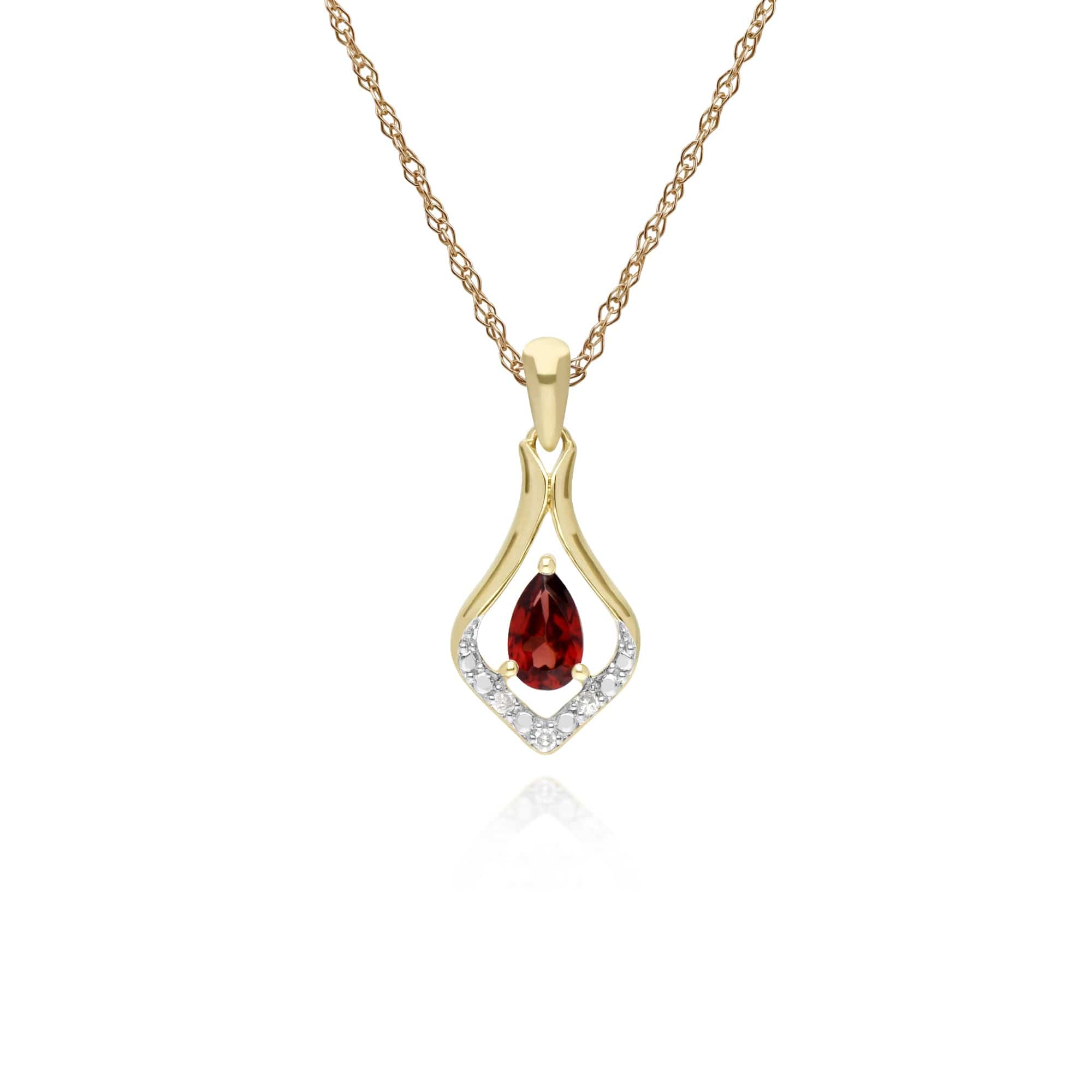 Product photograph of Classic Pear Garnet Three Diamond Leaf Halo Pendant In 9ct Yellow Gold from Gemondo Jewellery