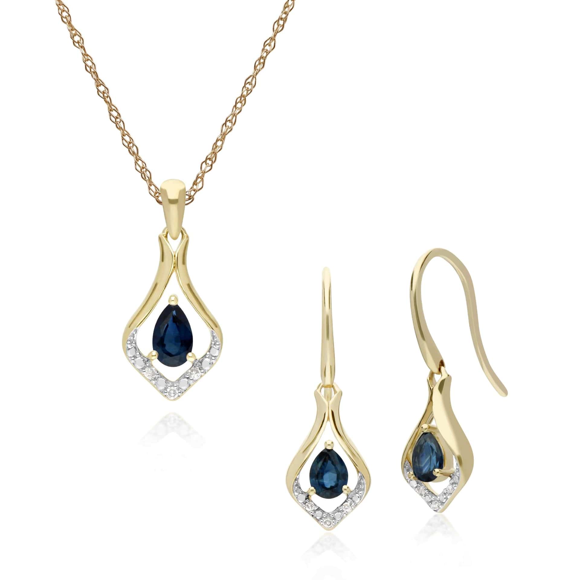 Product photograph of Classic Oval Sapphire Diamond Leaf Drop Earrings Pendant Set In 9ct Yellow Gold from Gemondo Jewellery