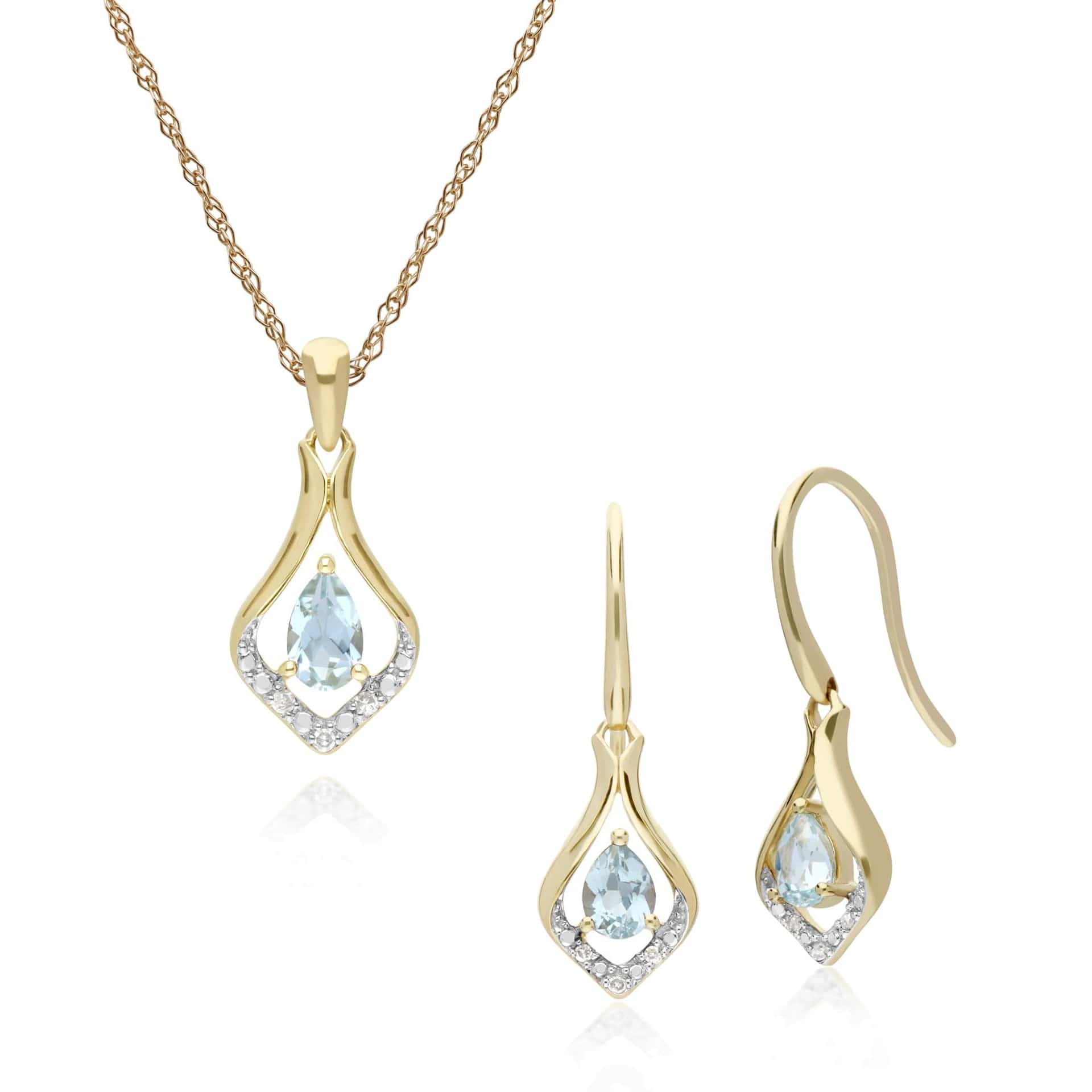 Product photograph of Classic Oval Aquamarine Diamond Leaf Drop Earrings Pendant Set In 9ct Yellow Gold from Gemondo Jewellery