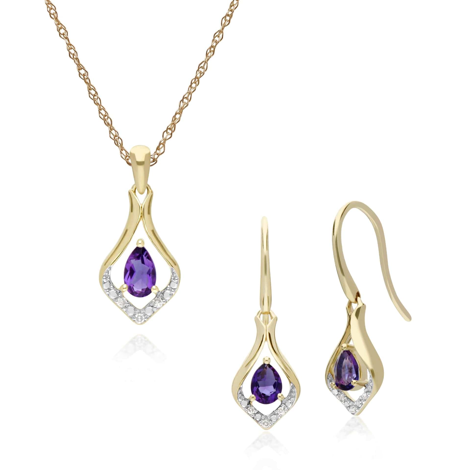 Product photograph of Classic Oval Amethyst Diamond Leaf Drop Earrings Pendant Set In 9ct Gold from Gemondo Jewellery