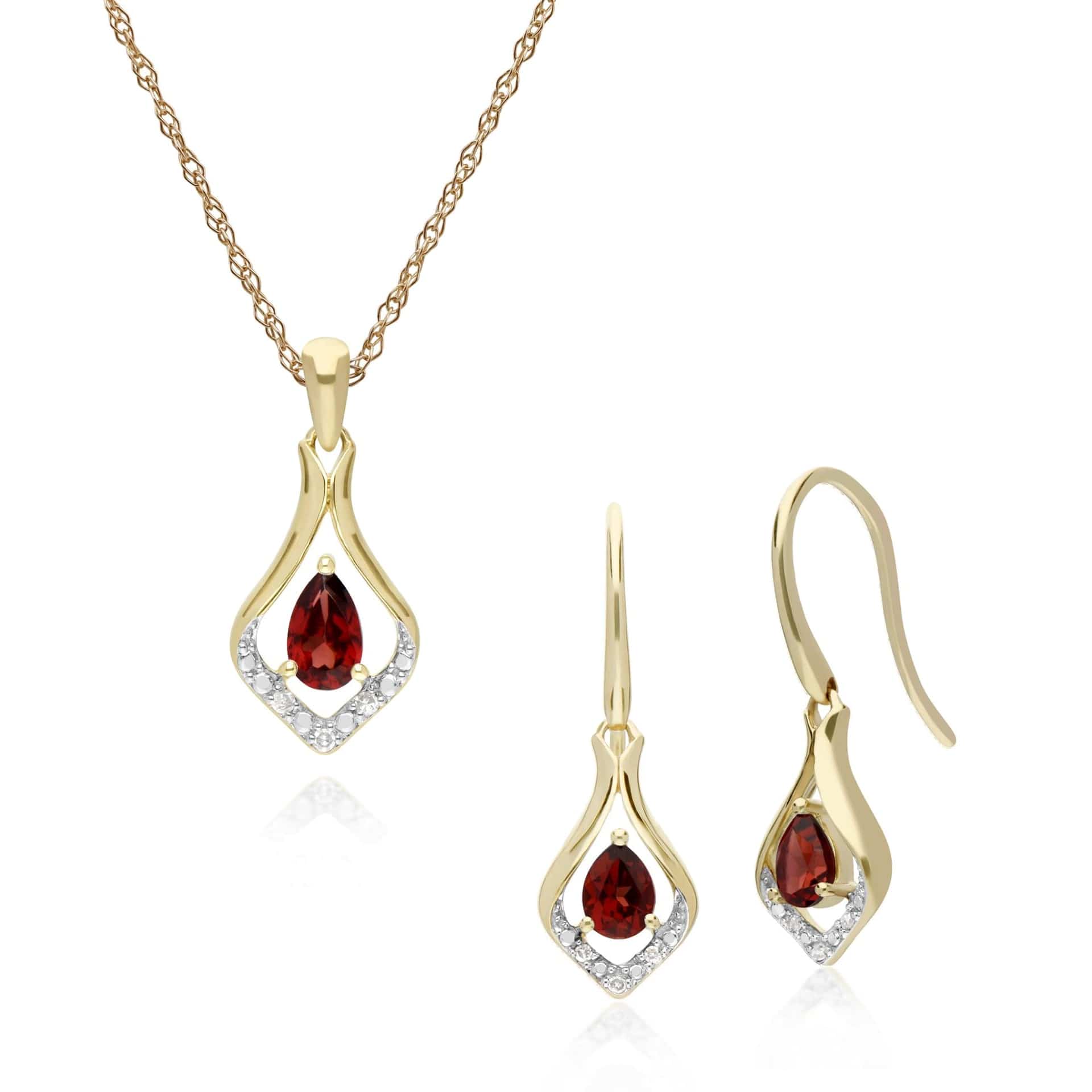 Product photograph of Classic Oval Garnet Diamond Leaf Drop Earrings Pendant Set In 9ct Yellow Gold from Gemondo Jewellery