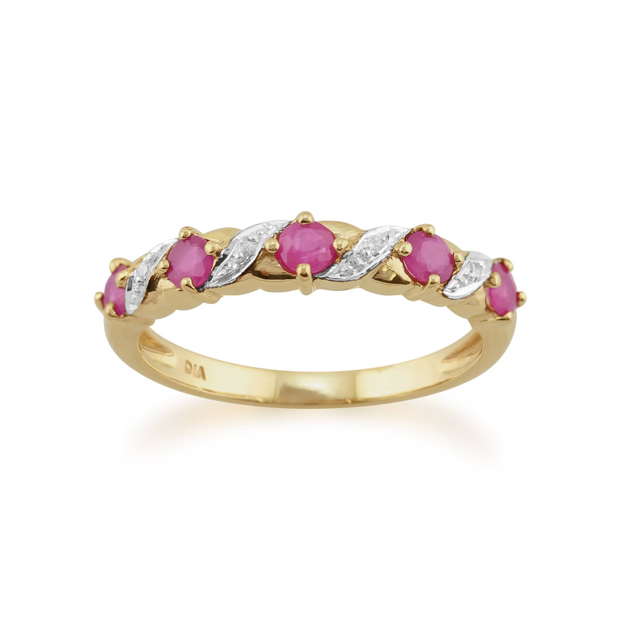 Product photograph of Classic Art Nouveau Round Ruby Diamond Half Eternity Ring In 9ct Yellow Gold from Gemondo Jewellery