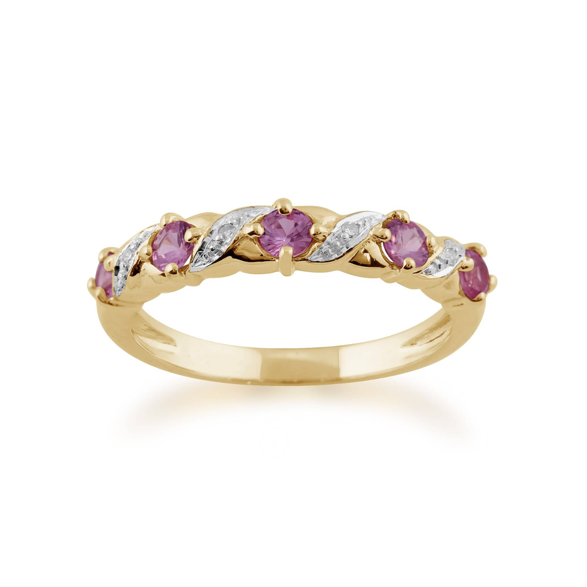 Product photograph of Classic Art Nouveau Round Pink Sapphire Diamond Half Eternity Ring In 9ct Yellow Gold from Gemondo Jewellery