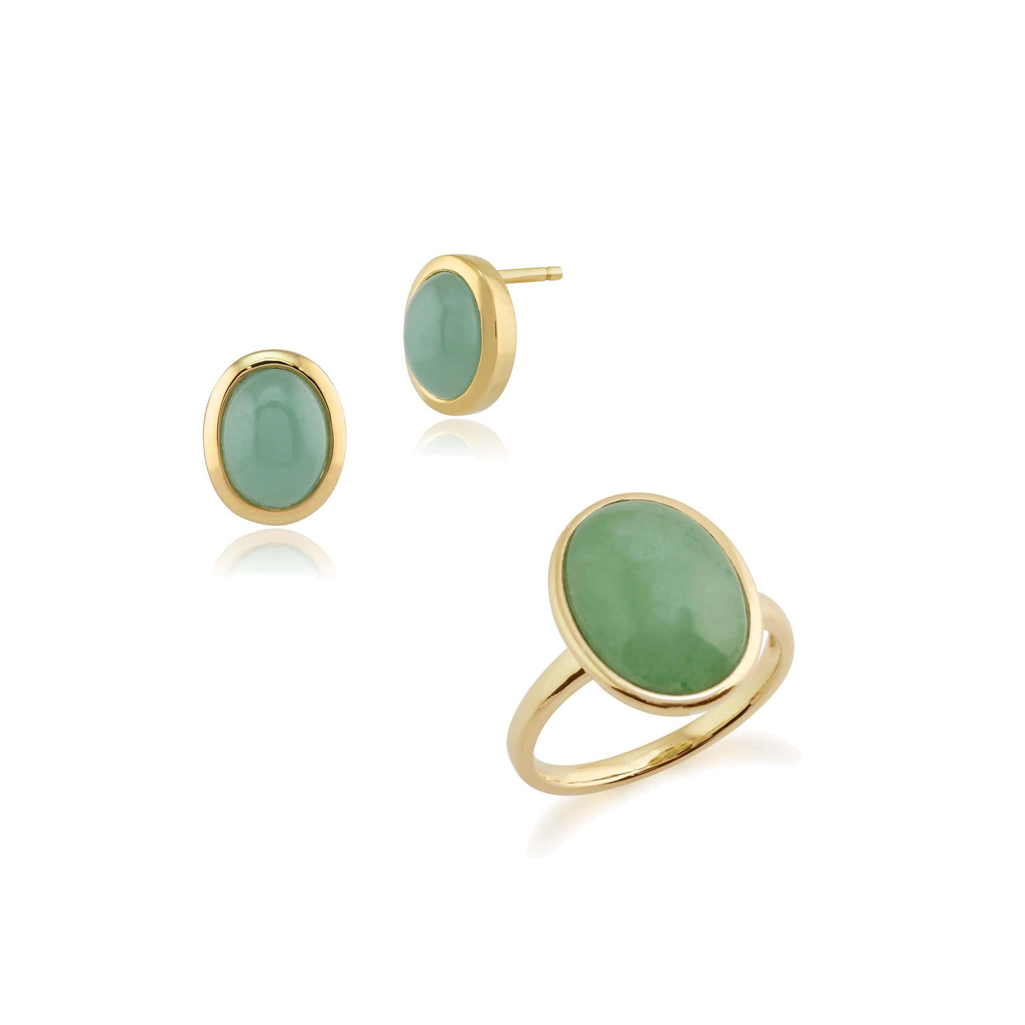 Product photograph of Classic Oval Dyed Green Jade Bezel Stud Earrings Cocktail Ring Set In 9ct Yellow Gold from Gemondo Jewellery