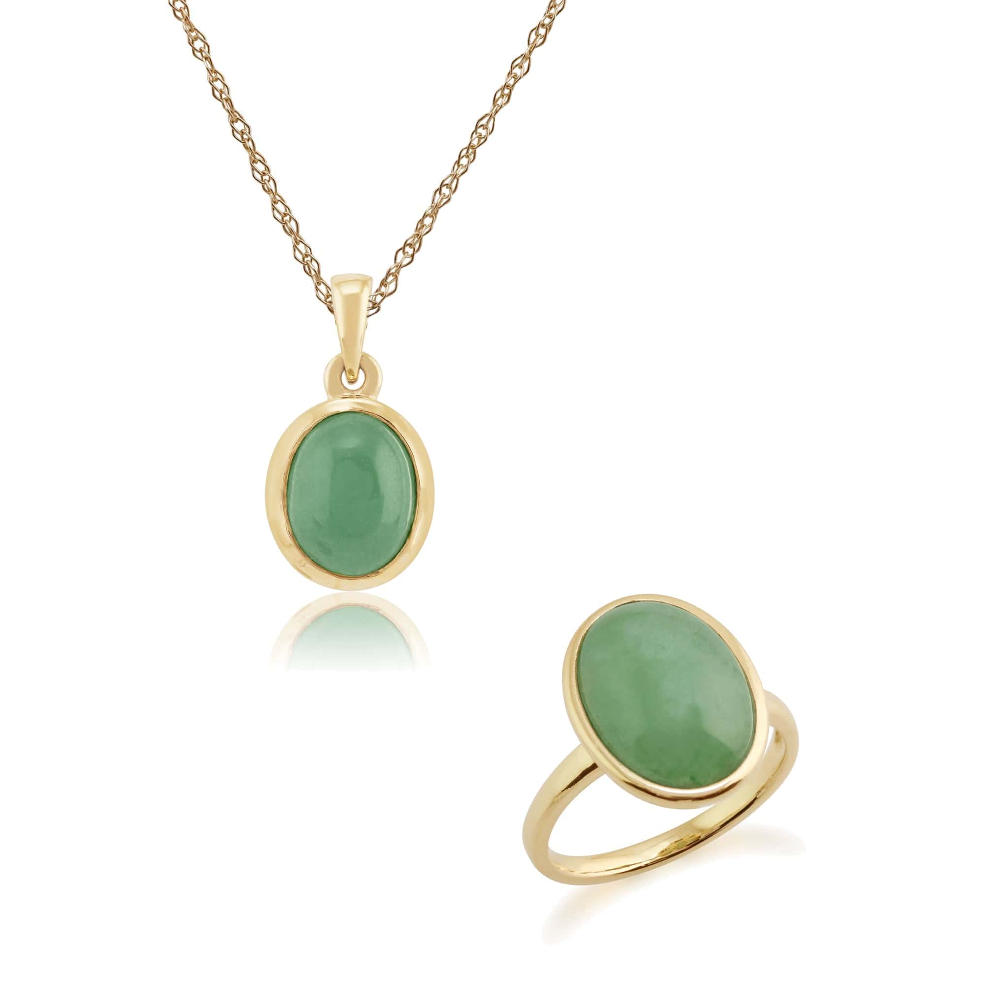 Product photograph of Classic Oval Dyed Green Jade Bezel Pendant Cocktail Ring Set In 9ct Yellow Gold from Gemondo Jewellery