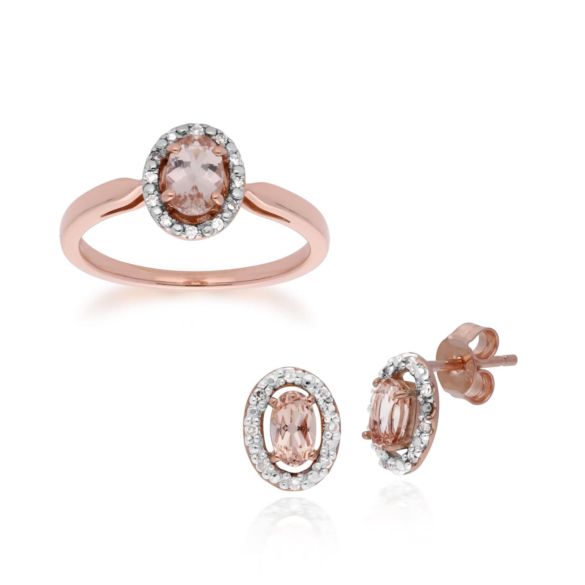 Product photograph of Classic Oval Morganite Diamond Halo Stud Earrings Solitaire Ring Set In 9ct Rose Gold from Gemondo Jewellery