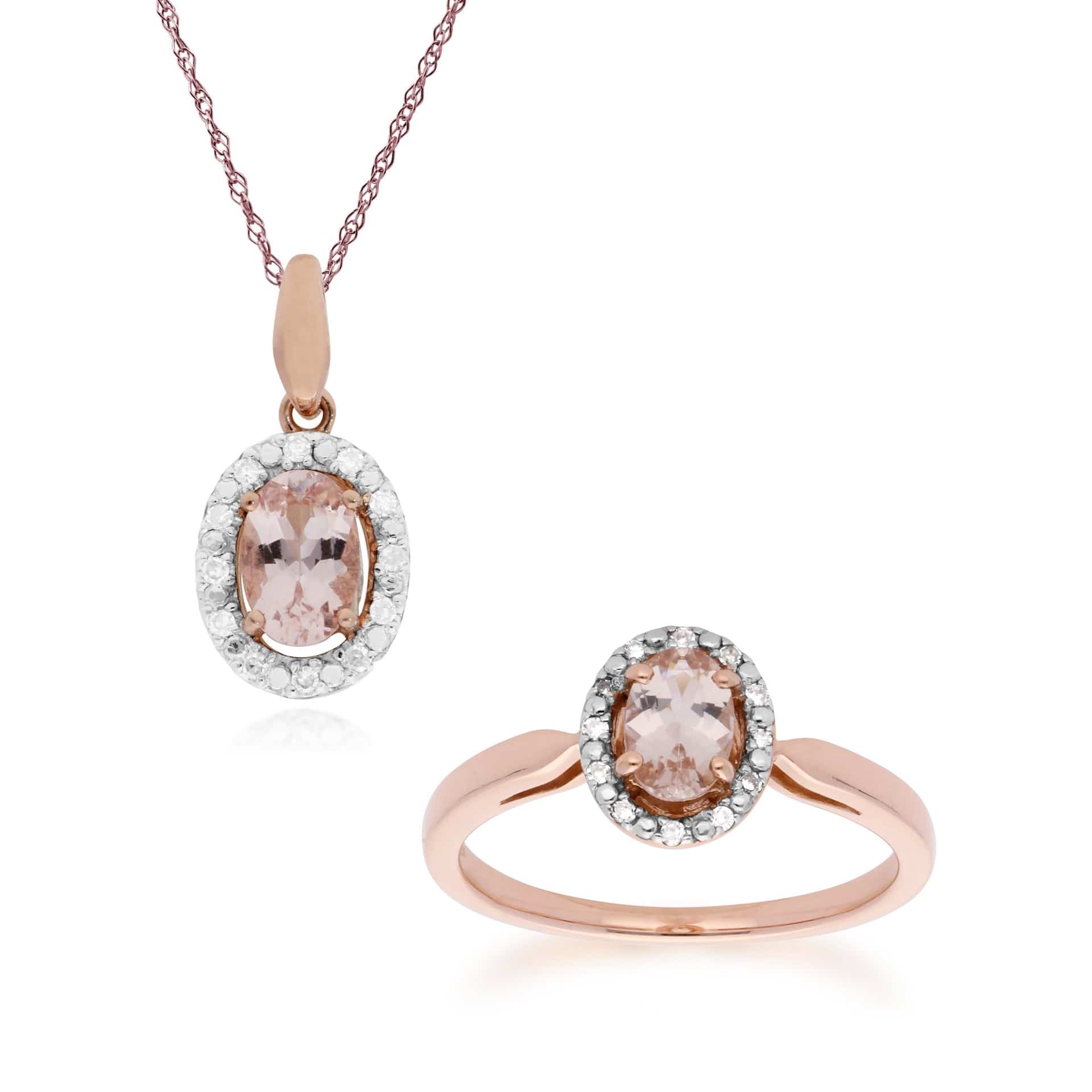 Product photograph of Classic Oval Morganite Diamond Halo Pendant Halo Ring In 9ct Rose Gold from Gemondo Jewellery