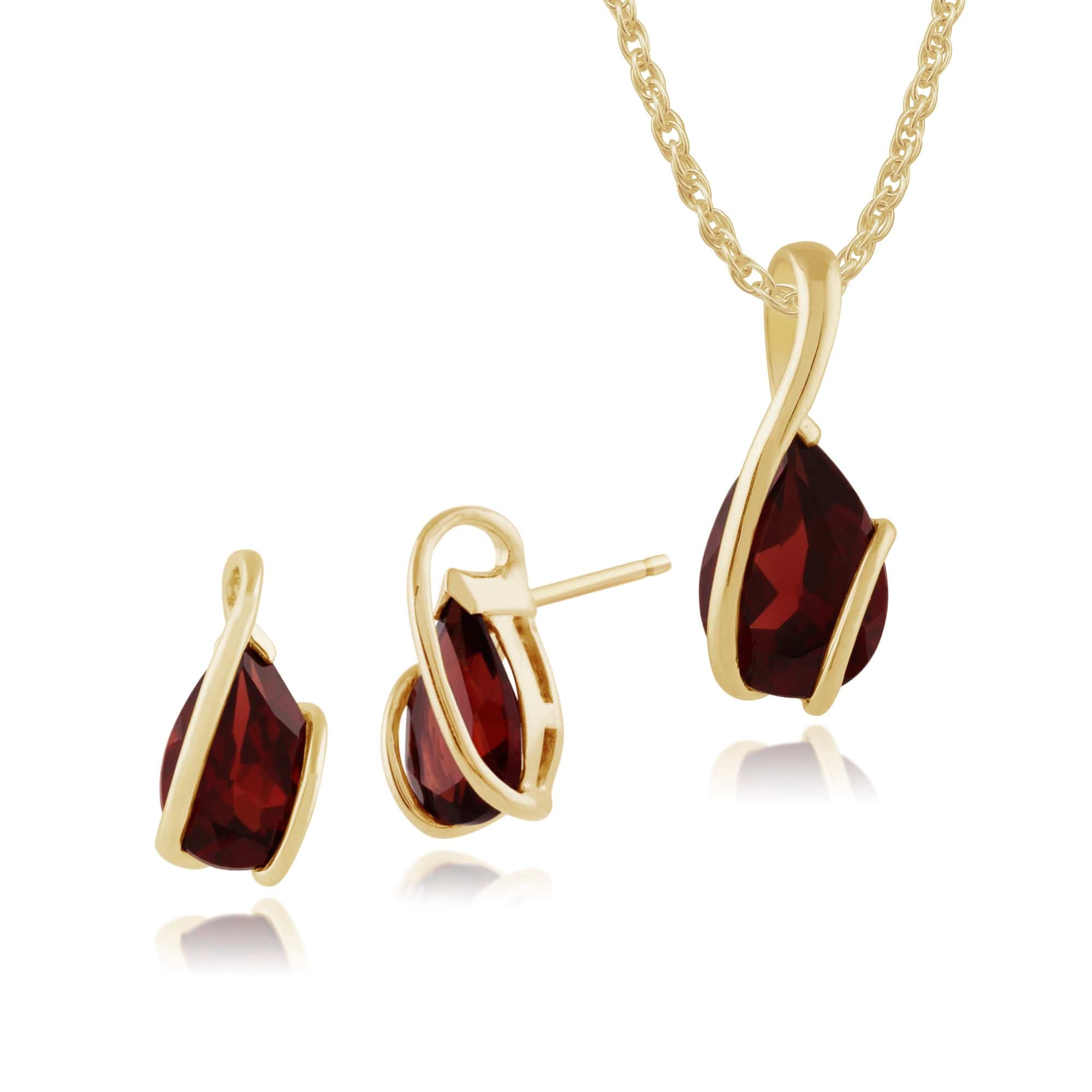 Product photograph of Classic Pear Garnet Wrap Over Stud Earrings Pendant Set In 9ct Yellow Gold from Gemondo Jewellery